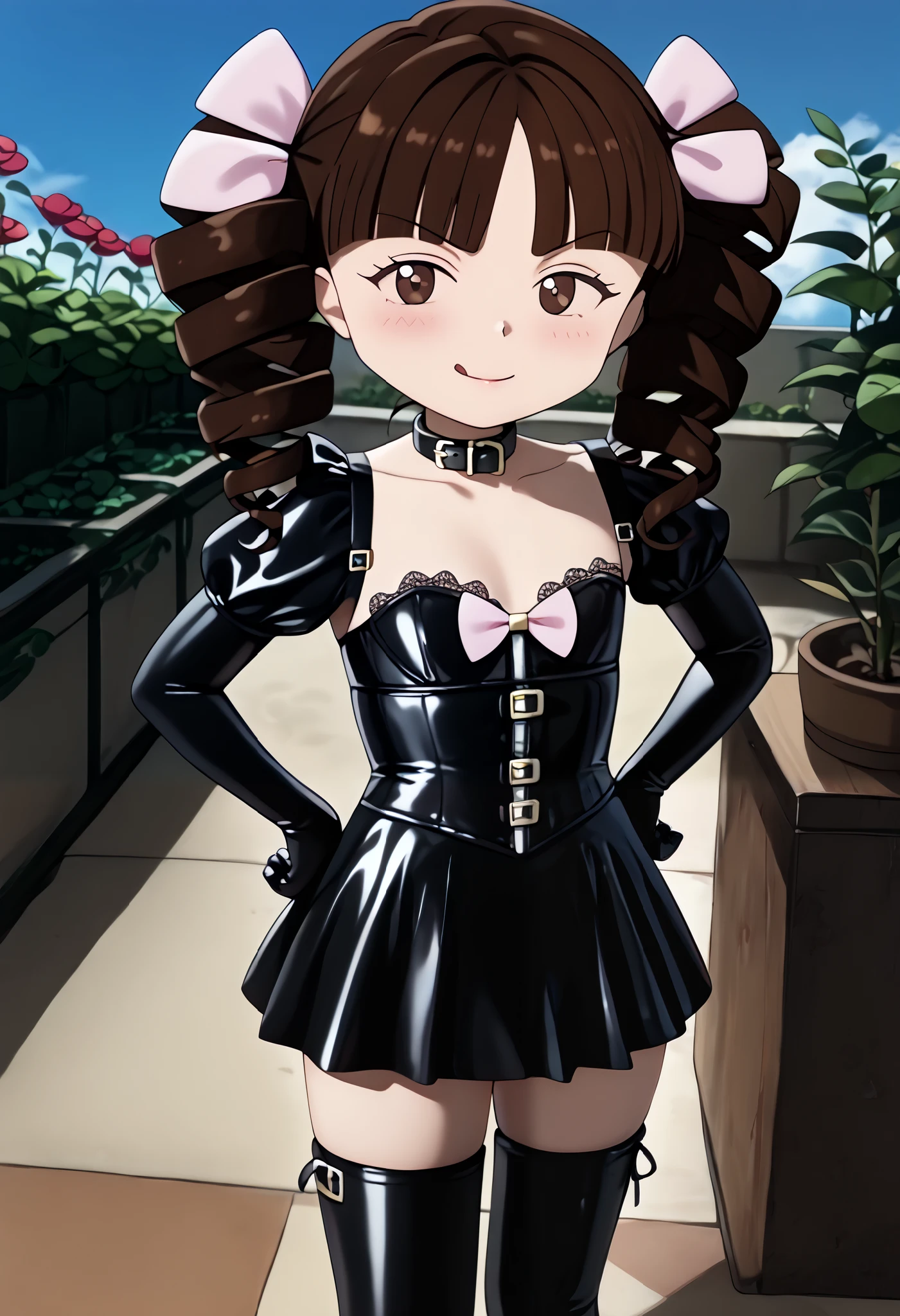 (Chibi)、((( short)))、((( kids体型)))、(((3 heads:1.4)))、Small Bust、 flat chested、BDSM、Queen、mistress、(((One girl)))、(((solo:1.8)))、(((Black latex elbow gloves:1.4)))、((( black latex corset dress :1.4)))、((( corset dress that makes you spit on the floor from the tip of your tongue is adorned with beautiful lace)))、((( corset dress with shoulder straps )))、((( Black Latex Tight Mini Skirt :1.4)))、((( Black Thigh-High Boots :1.4)))、(((Black rubber tights:1.2)))、((( stiletto heel boots:1.4)))、((( Black Latex High Leg Panties )))、(((Black latex bra)))、(((Black leather collar)))、((( sexy pose to hide over there:1.4 )))、 wide thigh opening with one leg:1.2、((( erotic )))、((( Cowboy Shots)))、 close-up 、((( place your hands on your hips)))、Beautiful eyes with highlights、Beautiful, smooth skin、Two perfect anatomical arms、 Anatomically Perfect 2 Legs 、(Four perfect fingers and one thumb)、 1 girl, Alone, 
JogasakiHimeko,  kids, blunt bangs, (((Reddish brown hair))),  twin drill ,  brown eyes,  pink ribbon,  hair bow,
 Standing , Place your arms beside you, 
 viewers who stop at the edge, v-shaped eyebrows, frown, 
(((Outdoor、blue sky、garden))), whole body, close your mouth、 stare at the audience 、 evil smile、smirk、 condescending face、 smirking 、blush:1.4