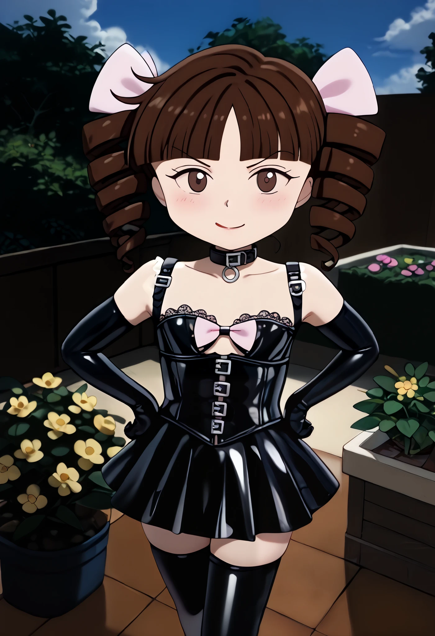 (Chibi)、((( short)))、((( kids体型)))、(((3 heads:1.4)))、Small Bust、 flat chested、BDSM、Queen、mistress、(((One girl)))、(((solo:1.8)))、(((Black latex elbow gloves:1.4)))、((( black latex corset dress :1.4)))、((( corset dress that makes you spit on the floor from the tip of your tongue is adorned with beautiful lace)))、((( corset dress with shoulder straps )))、((( Black Latex Tight Mini Skirt :1.4)))、((( Black Thigh-High Boots :1.4)))、(((Black rubber tights:1.2)))、((( stiletto heel boots:1.4)))、((( Black Latex High Leg Panties )))、(((Black latex bra)))、(((Black leather collar)))、((( sexy pose to hide over there:1.4 )))、 wide thigh opening with one leg:1.2、((( erotic )))、((( Cowboy Shots)))、 close-up 、((( place your hands on your hips)))、Beautiful eyes with highlights、Beautiful, smooth skin、Two perfect anatomical arms、 Anatomically Perfect 2 Legs 、(Four perfect fingers and one thumb)、 1 girl, Alone, 
JogasakiHimeko,  kids, blunt bangs, (((Reddish brown hair))),  twin drill ,  brown eyes,  pink ribbon,  hair bow,
 Standing , Place your arms beside you, 
 viewers who stop at the edge, v-shaped eyebrows, frown, 
(((Outdoor、blue sky、garden))), whole body, close your mouth、 stare at the audience 、 evil smile、smirk、 condescending face、 smirking 、blush:1.4