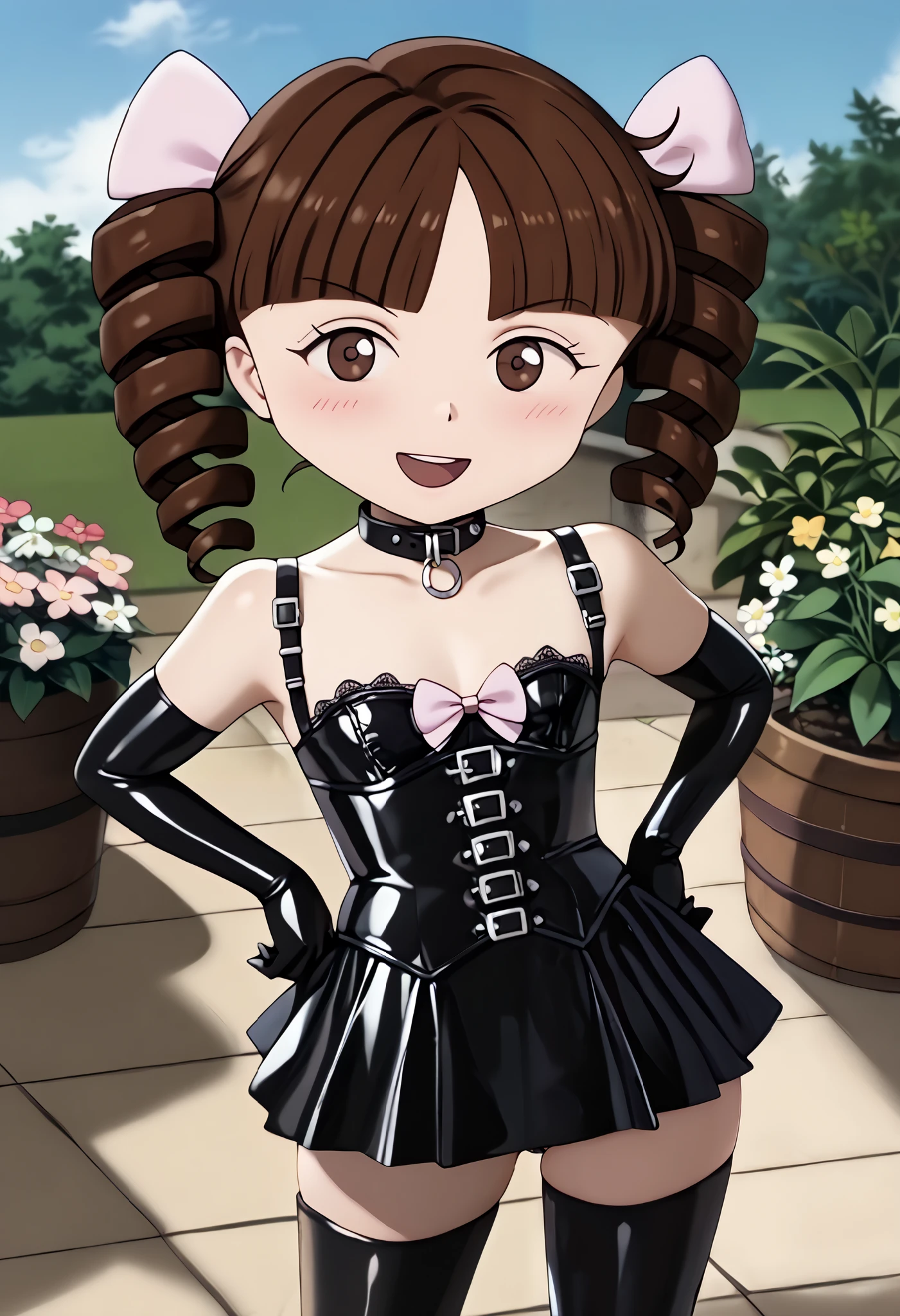 (Chibi)、((( short)))、((( kids体型)))、(((3 heads:1.4)))、Small Bust、 flat chested、BDSM、Queen、mistress、(((One girl)))、(((solo:1.8)))、(((Black latex elbow gloves:1.4)))、((( black latex corset dress :1.4)))、((( corset dress that makes you spit on the floor from the tip of your tongue is adorned with beautiful lace)))、((( corset dress with shoulder straps )))、((( Black Latex Tight Mini Skirt :1.4)))、((( Black Thigh-High Boots :1.4)))、(((Black rubber tights:1.2)))、((( stiletto heel boots:1.4)))、((( Black Latex High Leg Panties )))、(((Black latex bra)))、(((Black leather collar)))、((( sexy pose to hide over there:1.4 )))、 wide thigh opening with one leg:1.2、((( erotic )))、((( Cowboy Shots)))、 close-up 、((( place your hands on your hips)))、Beautiful eyes with highlights、Beautiful, smooth skin、Two perfect anatomical arms、 Anatomically Perfect 2 Legs 、(Four perfect fingers and one thumb)、 1 girl, Alone, 
JogasakiHimeko,  kids, blunt bangs, (((Reddish brown hair))),  twin drill ,  brown eyes,  pink ribbon,  hair bow,
 Standing , Place your arms beside you, 
 viewers who stop at the edge, v-shaped eyebrows, frown, 
(((Outdoor、blue sky、garden))), whole body, close your mouth、 stare at the audience 、(((smile)))、((( open your mouth and laugh)))、blush:1.4