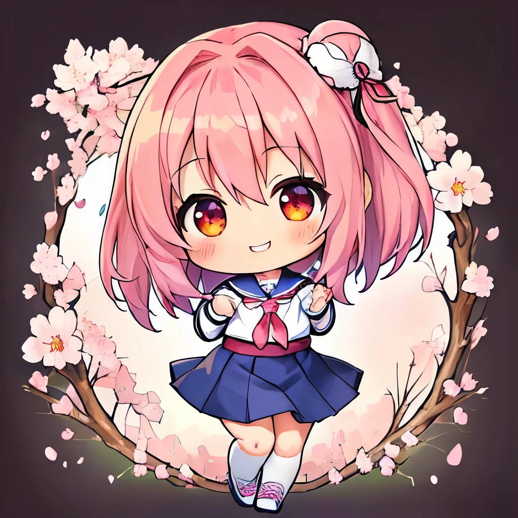 top quality、 high definition 、masterpiece、 Detailed Background 、 Beautiful Faces in Every Detail 、 anatomically accurate 、detailed expression、Detailed、((whole body、 from behind:1.5、 backshot、 facing the side))、break(( One Girl :1.2)、(Chibi Girl:1.2))、 big beautiful eyes、 plump lips 、(cute girl uniform、 cute sneakers )、break(( place your hands in front of your chest :1.2))、( happy expression:1.2、 big smile:1.2)、break( the background is pure white、((Sakura)))