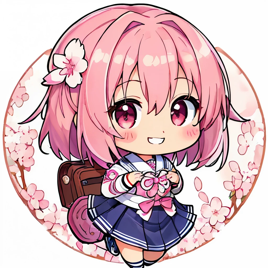  top quality、 high definition 、masterpiece、 Detailed Background 、 Beautiful Faces in Every Detail 、 anatomically accurate 、detailed expression、Detailed、((whole body、 from behind:1.5、 backshot、 facing the side))、break(( One Girl :1.2)、(Chibi Girl:1.2))、 big beautiful eyes、 plump lips 、(cute schoolgirl uniform、 cute sneakers )、break(( place your hands in front of your chest :1.2))、( happy expression:1.2、 big smile:1.2)、break( the background is pure white、((Sakura)))