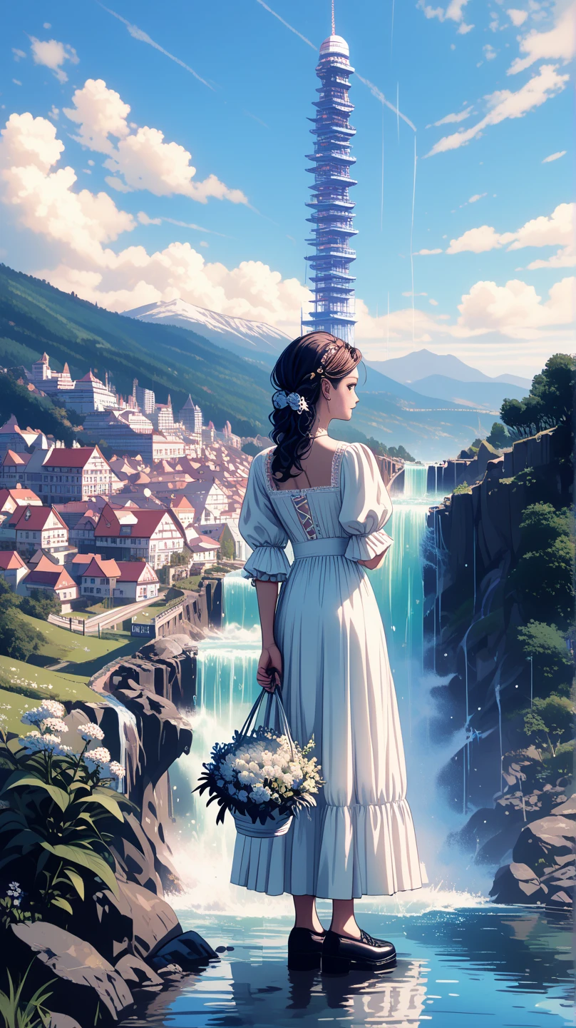 solo, girl\((trunsaya:1.0),old days,20 years old, long white dress, blue eyes, black pupil, long blueberry hair, black shoes,back view,full body,holding bouquet\) standing on top of skyscraper. background\((village view:1.4),(waterfall:1.3),\),(landscape:1.3),score_9, score_8_up, score_7_up, score_6_up, score_5_up, score_4_up, source_anime,source_furry,rating_safe,rating_questionable,masterpiece, best quality, perfect anatomy , very aesthetic , absurdres,scenery, (limited palette:1,2),realistic,good proportion sword