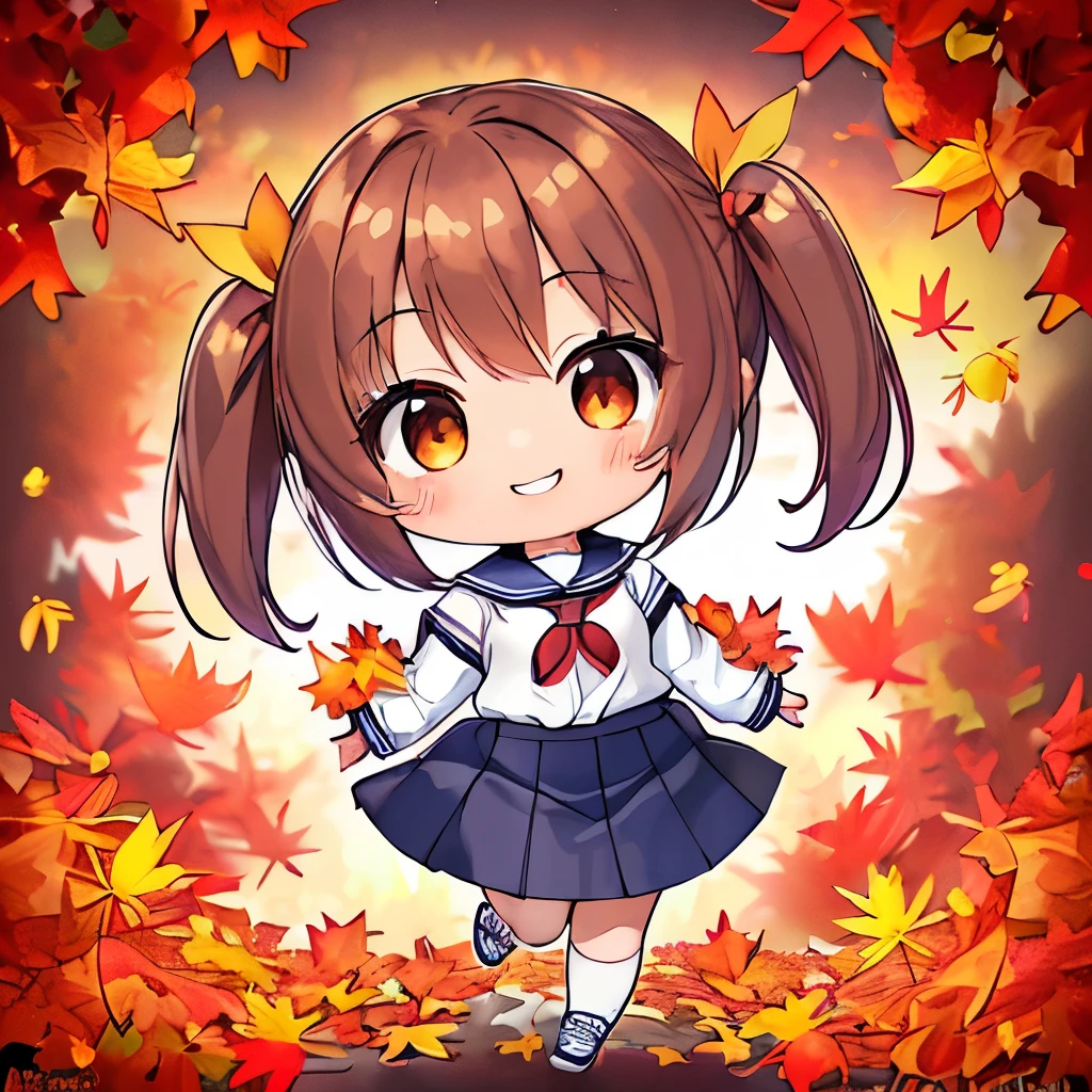 top quality、 high definition 、masterpiece、 Detailed Background 、 Beautiful Faces in Every Detail 、 anatomically accurate 、detailed expression、Detailed、((whole body、 from behind:1.5、 backshot、 facing the side))、break(( One Girl :1.2)、(Chibi Girl:1.2))、 big beautiful eyes、 plump lips 、(cute girl uniform、 cute sneakers )、break((( place your hands in front of your chest :1.2))、( happy expression:1.2、 big smile:1.2))、break( the background is pure white、((autumn leaves)))