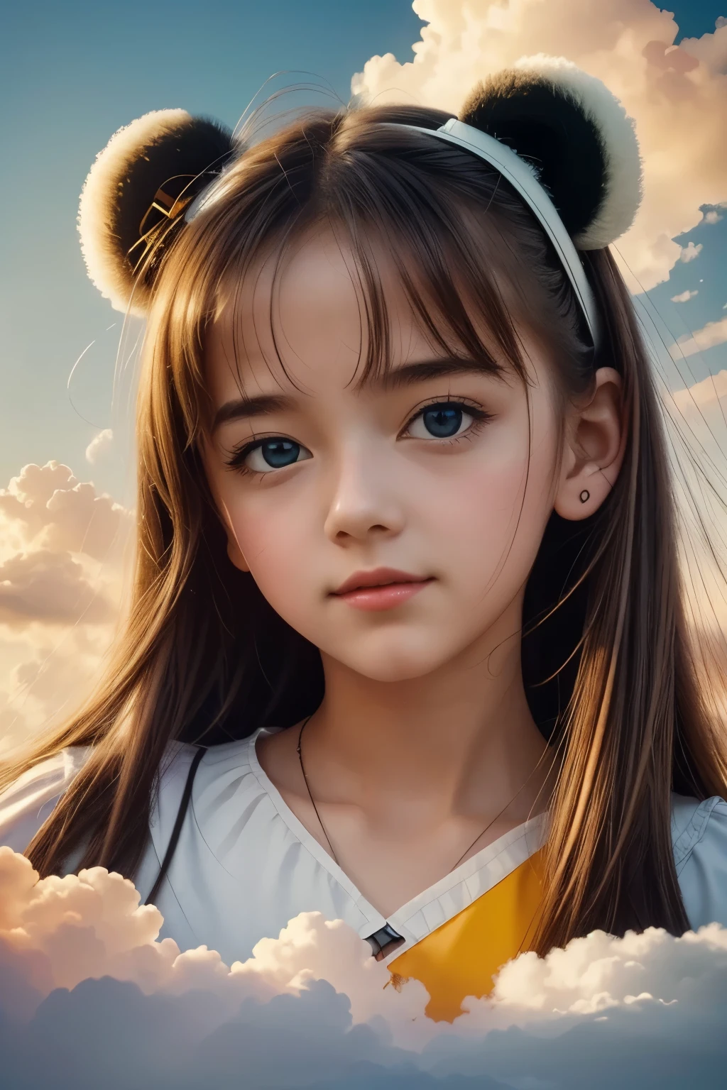 masterpiece, top quality, cinematic stills, one girl, floating in the sky, cloud girl, clouds, (close-up: 1.1), bright, happy, fun, soft lighting, (Bauhaus, shape, line, abstract: 1.1), panda ears