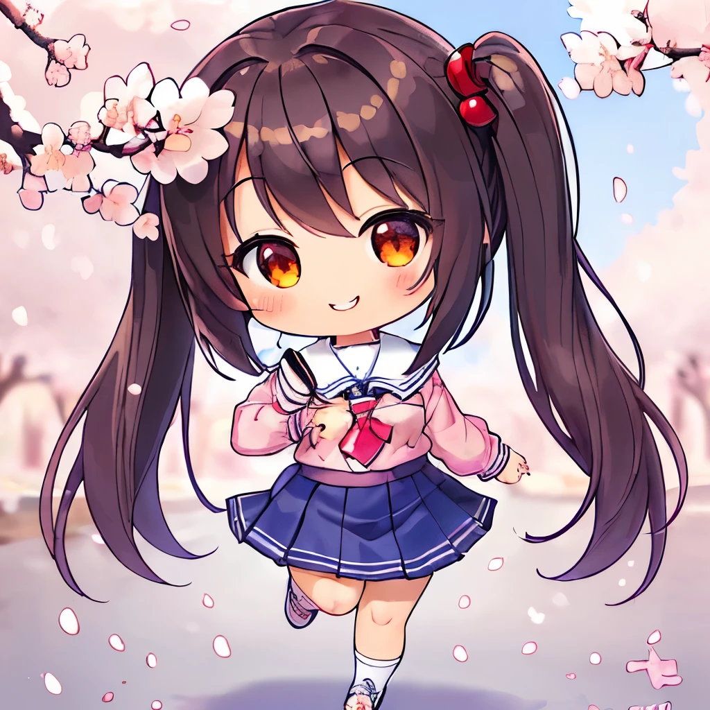 top quality、 high definition 、masterpiece、 Detailed Background 、 Beautiful Faces in Every Detail 、 anatomically accurate 、detailed expression、Detailed、((whole body、 from behind:1.5、 backshot、 facing the side))、break(( One Girl :1.2)、(Chibi Girl:1.2))、 big beautiful eyes、 plump lips 、(cute girl uniform、 cute sneakers )、break((( place your hands in front of your chest :1.2))、( happy expression:1.2、 big smile:1.2))、break( the background is pure white、((Cherry blossoms)))