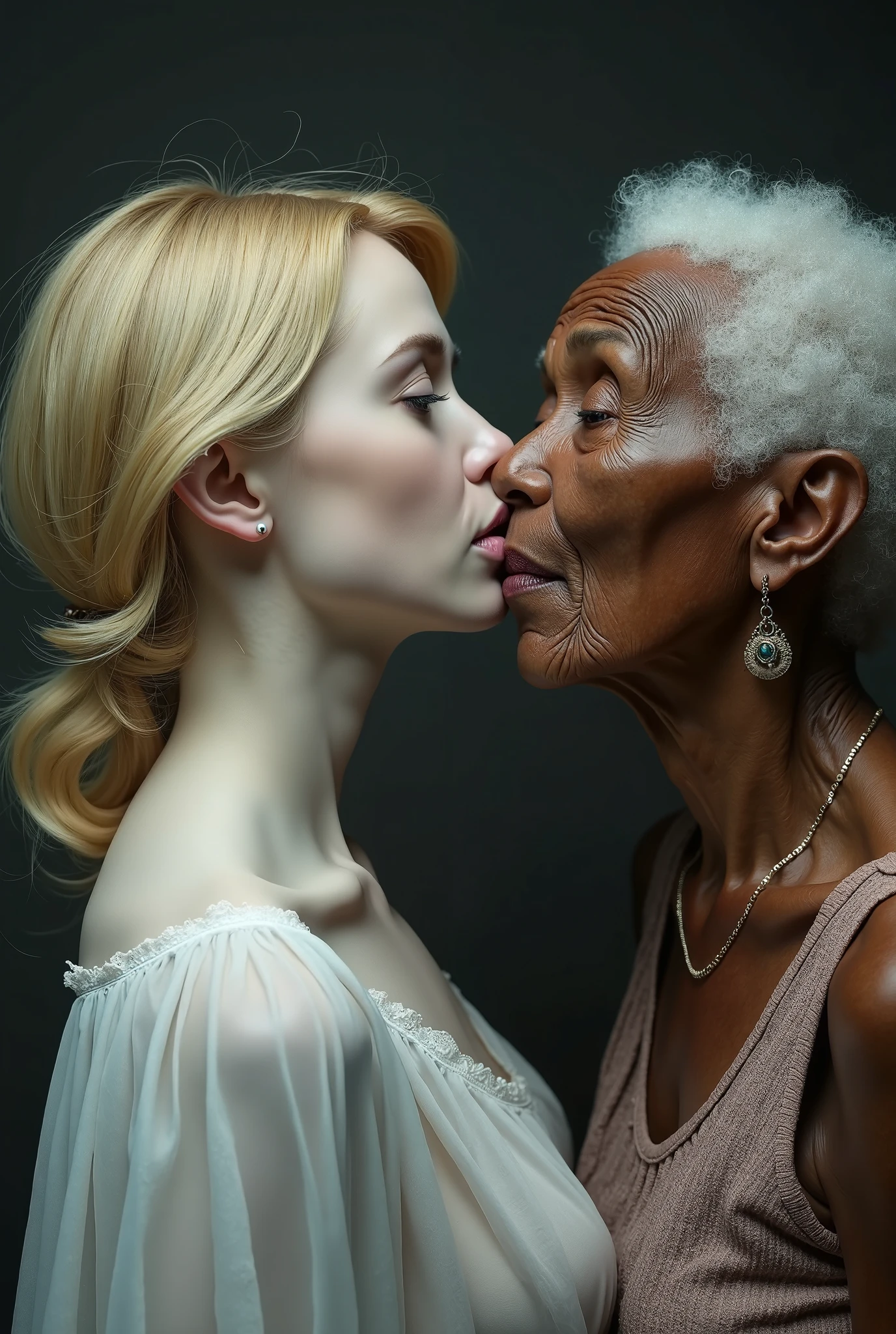(photorealism:1.2), The thin throat of the beautiful blonde-haired, extremely pale, super white-skinned, blue-eyed, and beautiful body, scared goddess neck is kissed by old and tall African granny woman