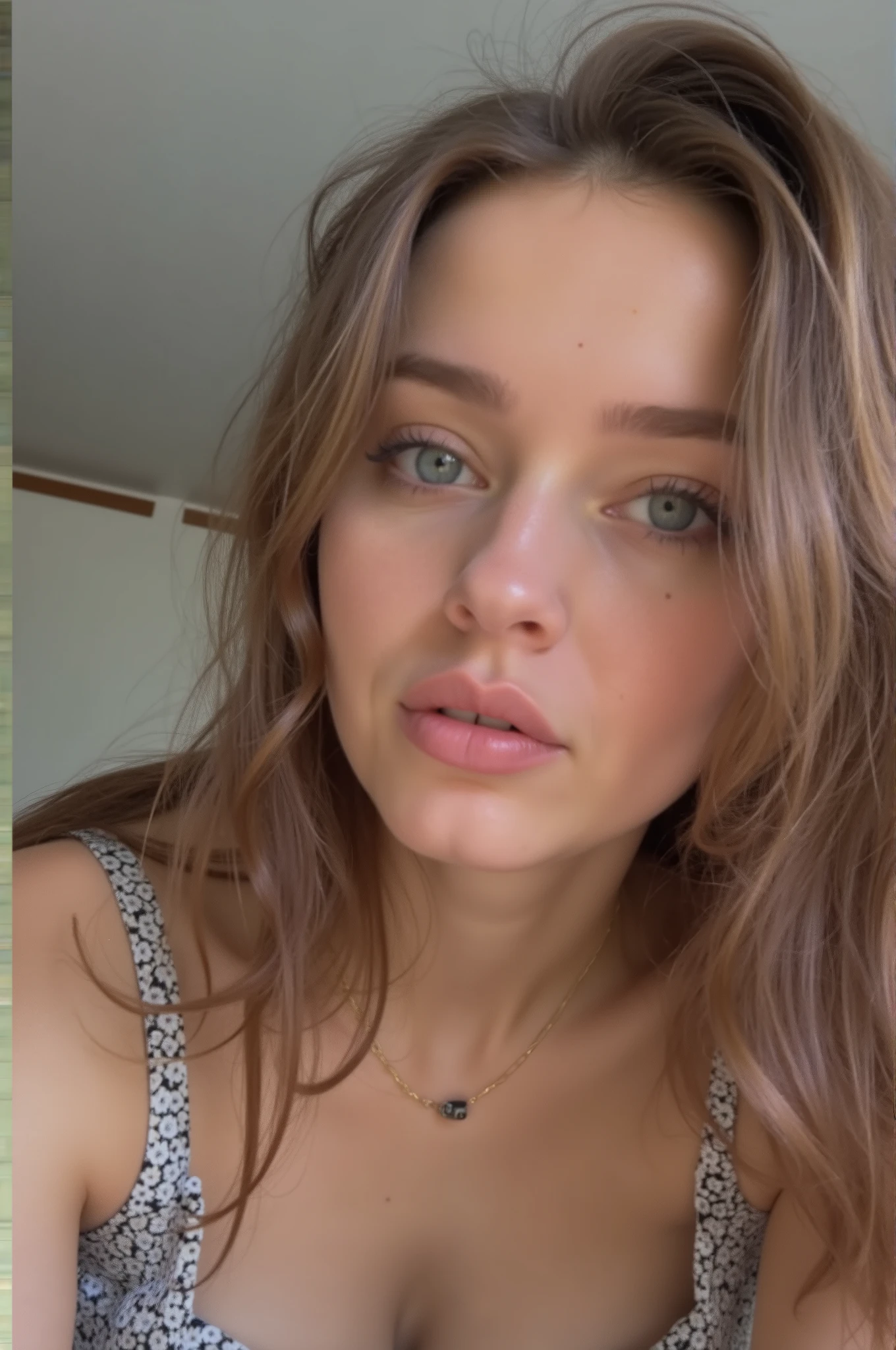 (Low angle, closeup on face:1.2) woman with blue eyes, luscious mouth, tetas grandes, dark blonde hair , peau mate, mixed
