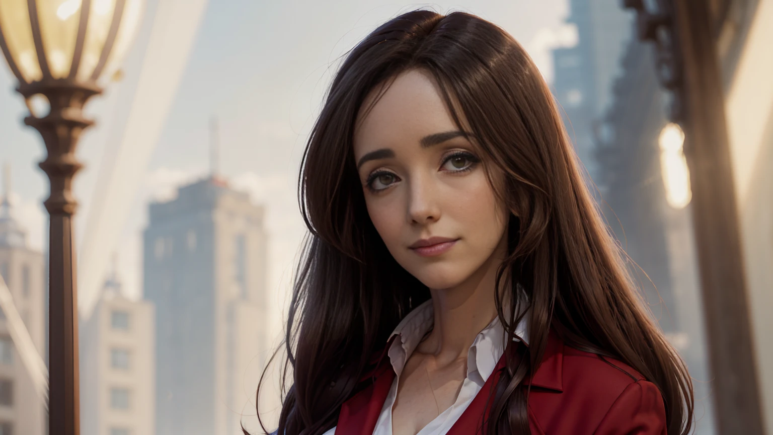 8K,  Best Quality , Victoria Villarruel dressed in a scarlet red suit as a lawyer,  Detailed face, smooth face,  long dark brown hair, slender with wide hips ,  warm smiling expression . outdoors, Square with trees in the city of Buenos Aires,  clouds in the sky in the background, Rays of sunlight