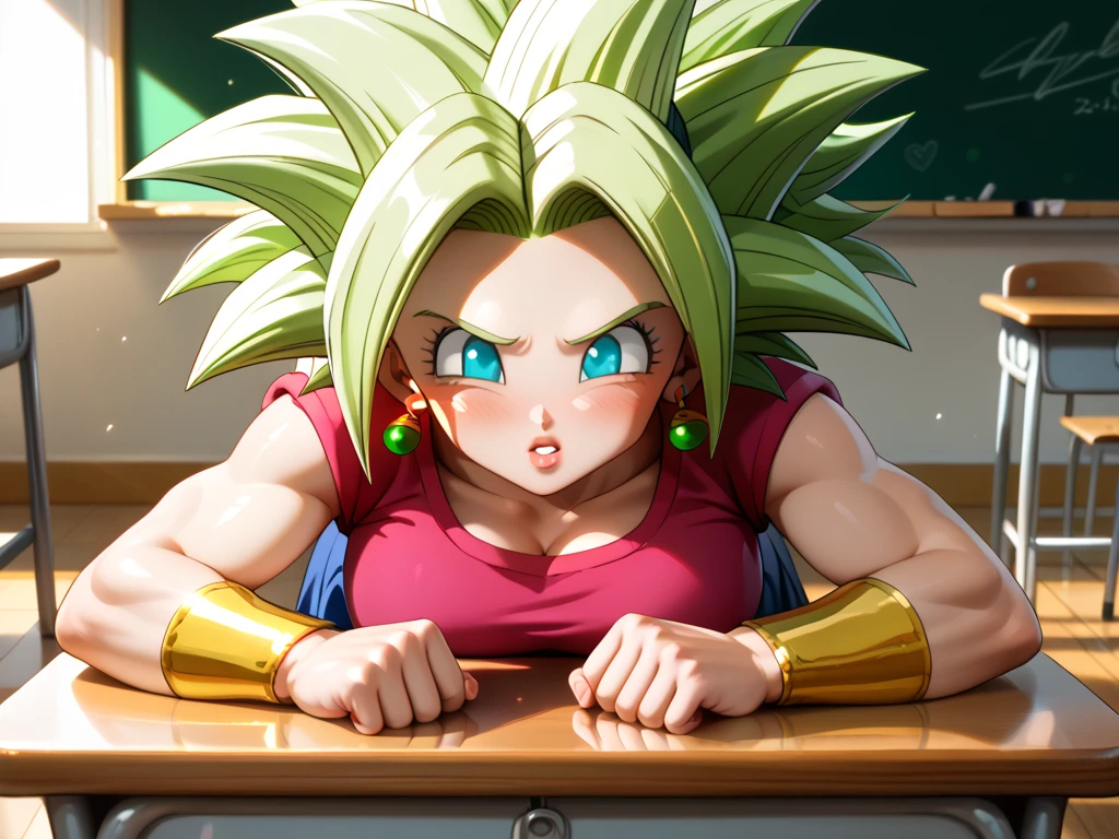 ((Black line work  )),   detailed line work  ,  Slim abs , (( masterpiece )), (( Golden Ratio )), ((dynamic)), ((natural)) ((  Best Quality )), (( ultra detailed)), ((  kefla dragon ball super  )), {1 woman}, { neon green hair }, { super saiyan style}, {  Dragon Ball Super character style }, Blue eyes, 2 green earrings, {{sexy}},  big breasts,  big legs ,  big butt, Brilliant tattoo , {{ perfect anatomy }}, {{scenography: destroyed city}}, {}, mute ,   viewed from the bottom up , perfect:1.2, ( Table top : 1.3), (Maximum resolution: 1.2), (Ultra high definition television: 1.2), luz cinematográfica, Ultra high definition television, (beautiful eyes and skin), ( detailed facial features ), I don&#39;t like,  resolution 8k ,   sharp focus: 1.2, Perfect style,  beautiful face, acura,  Anatomically correct ,  Highly detailed facial and skin texture , beautiful eyes, brown eyes,  double eyelid ,  thin eyebrows, Glitter eyeliner: 1.2, natural cheeks,  shiny leather, light skin: 1.2, Small shiny necklace and earrings, ( shiny lips: 1.4), 
 breaking first-person perspective ,  in a high school uniform , (Embarrassing:1.2), (blush:1.2), Innocent and cute girl, (high ponytail,  wavy hair ,  light brown hair, bangs flowing diagonally ),  medium length hair , 
BREAK
( Full body shot : 1.2), (down:1.3), ( Focus on the legs ), ((Very close relationship : 1.2)), ( Medium to large breasts:1.1), (( Sit in a school chair with your legs closed .)), (( Pose with a small panties and slightly raised skirt:1.2)), 
(((in the classroom: 1.2)),  (look at the audience:1.2)), (( Background of many other students :1.4)),