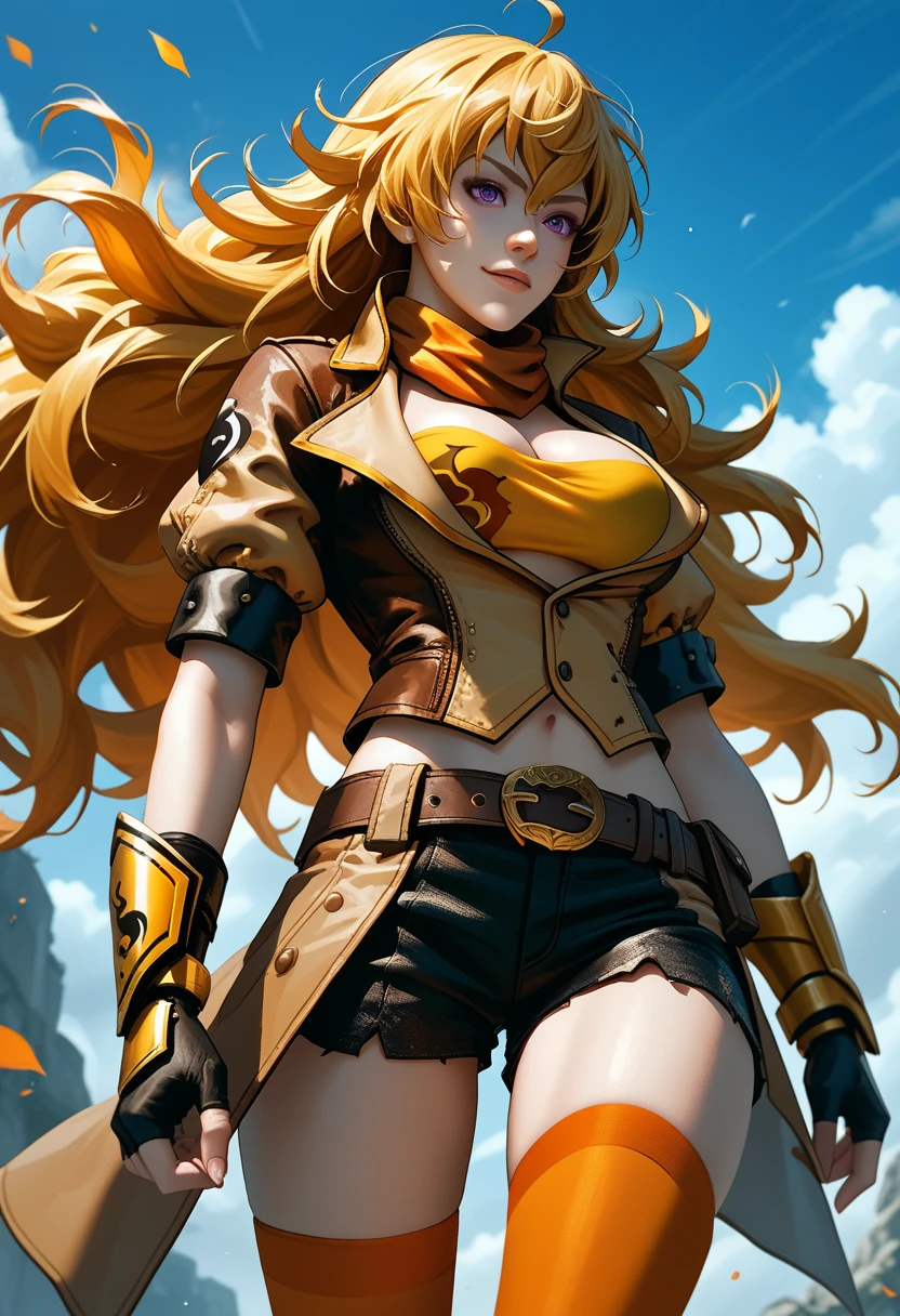 (Yang Xiao Long) from "RWBY", rwbyyangs1, brown jacket, short sleeves, vambraces, black gloves, fingerless gloves, black shorts, ((unbuttoned shorts)), belt, orange thighhighs, single thighhigh, orange scarf, midriff, cleavage 