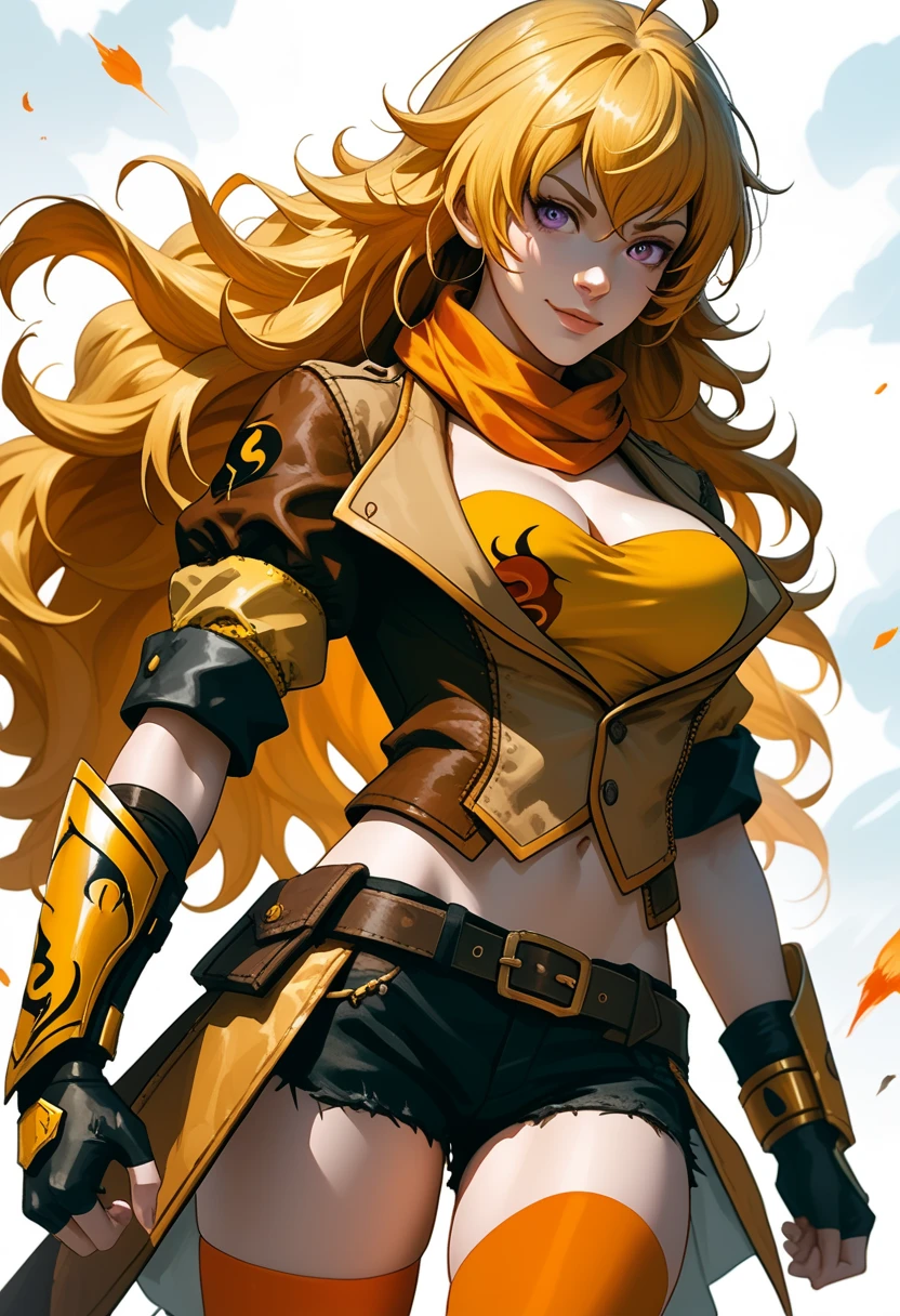 (Yang Xiao Long) from "RWBY", rwbyyangs1, brown jacket, short sleeves, vambraces, black gloves, fingerless gloves, black shorts, ((unbuttoned shorts)), belt, orange thighhighs, single thighhigh, orange scarf, midriff, cleavage 