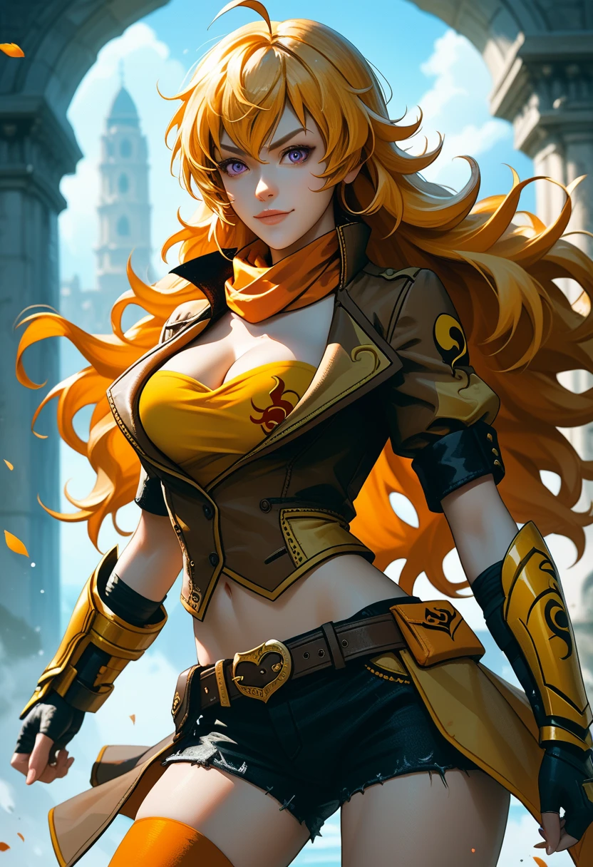 (Yang Xiao Long) from "RWBY", rwbyyangs1, brown jacket, short sleeves, vambraces, black gloves, fingerless gloves, black shorts, ((unbuttoned shorts)), belt, orange thighhighs, single thighhigh, orange scarf, midriff, cleavage 