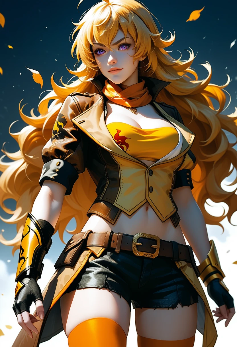 (Yang Xiao Long) from "RWBY", rwbyyangs1, brown jacket, short sleeves, vambraces, black gloves, fingerless gloves, black shorts, ((unbuttoned shorts)), belt, orange thighhighs, single thighhigh, orange scarf, midriff, cleavage 