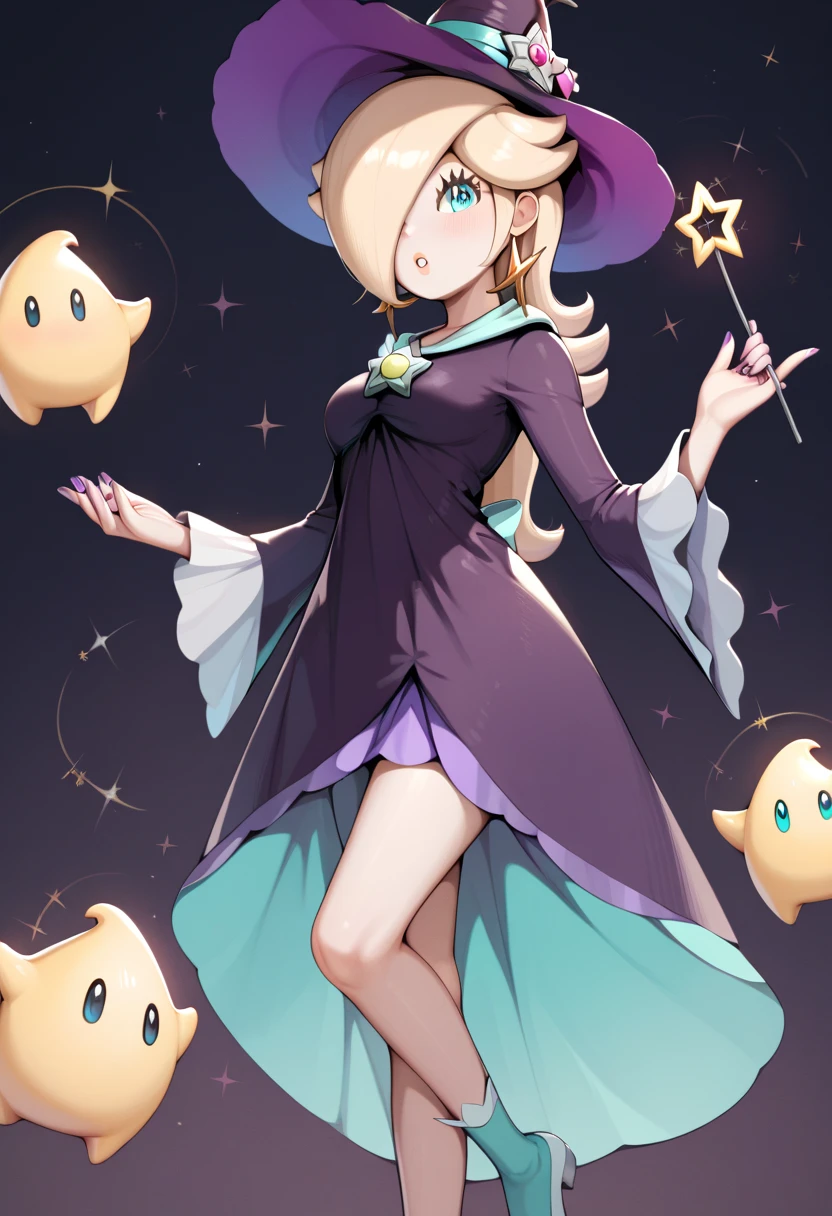 Rosalina, purple nails, purple witch cosplay, star wand on hand, showing leg, 