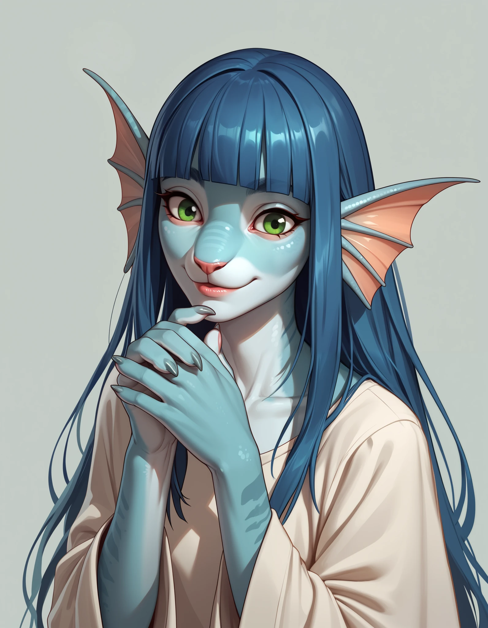 1girl, solo, blue hair, blunt bangs, colored skin, cowboy shot, fins, fish girl, furry, furry female, green eyes, hand on own chin, hands up, head fins, jaggy lines, lips, long hair, looking down, simple background, smile, standing, straight hair, masterpiece, best quality