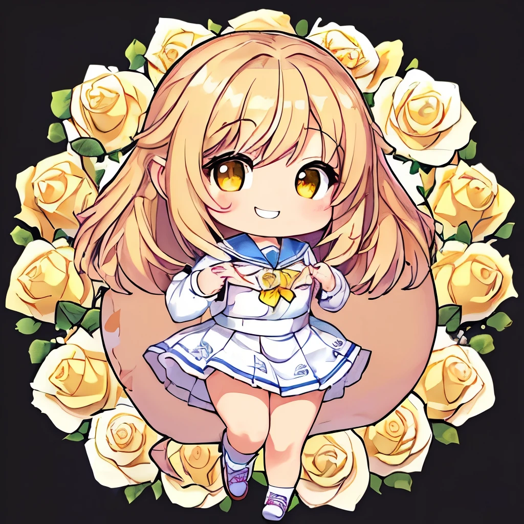 top quality、 high definition 、masterpiece、 Detailed Background 、 Beautiful Faces in Every Detail 、 anatomically accurate 、detailed expression、Detailed、((whole body、 from behind:1.5、 backshot、 facing the side))、break(( One Girl :1.2)、(Chibi Girl:1.2))、 big beautiful eyes、 plump lips 、(cute schoolgirl uniform、 cute sneakers )、break((( place your hands in front of your chest :1.2))、( happy expression:1.2、 big smile:1.2))、break( the background is pure white、((yellow rose)))