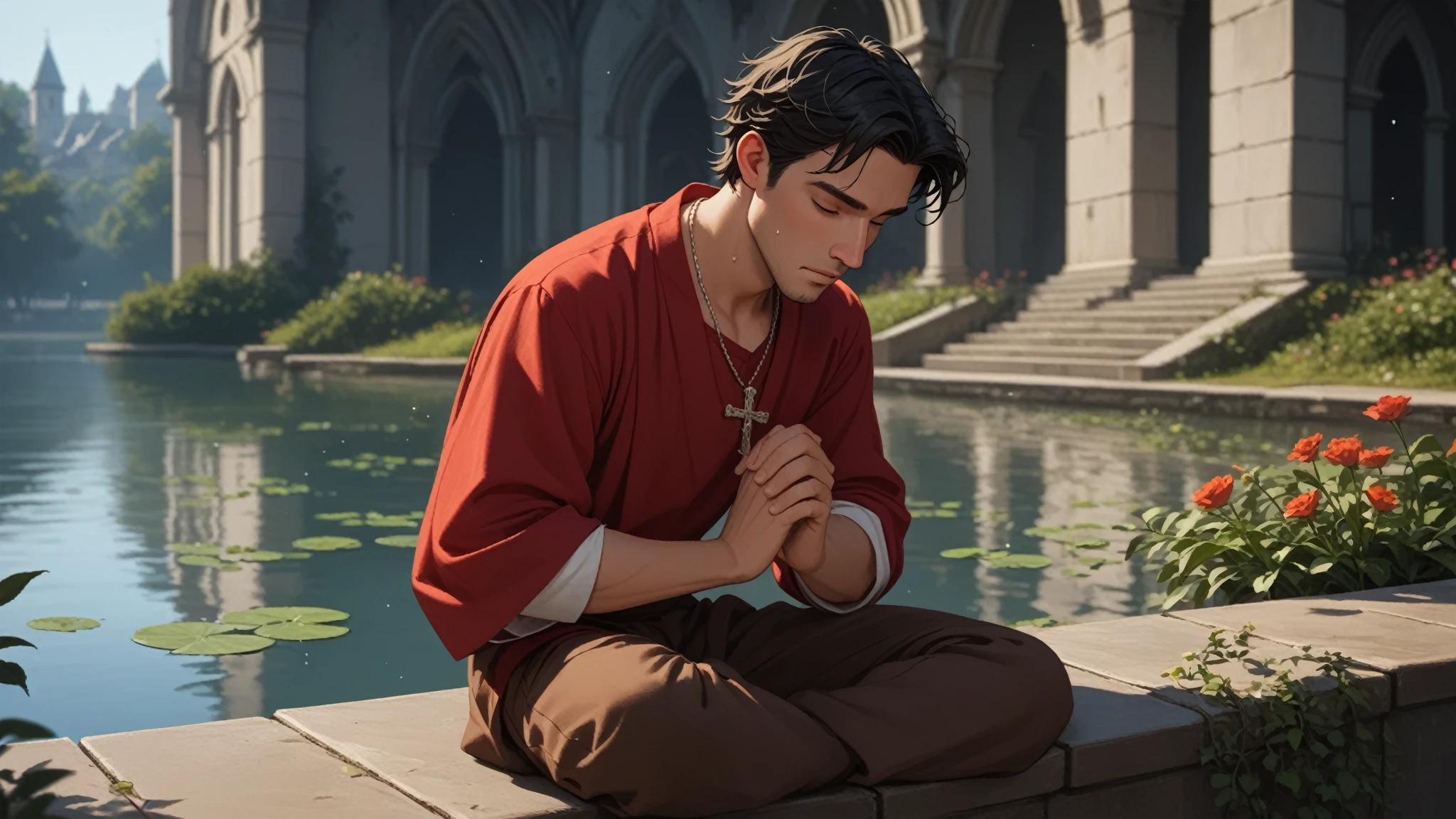 man praying,  strong man, red tunic, white sleeves, brown pants,  well lit ,  depth of field,  full body,  silver crucifix necklace, silver rings ,  short hair,  black hair,  wet hair, barba, highly detailed,  high contrast ,  best quality ,  masterpiece ,  high definition ,  closed eyes , garden,  perfect face ,  perfect hands , perfect feet,  perfect eyes, perfect nose, flores,  bare feet , church, Lake, worship

