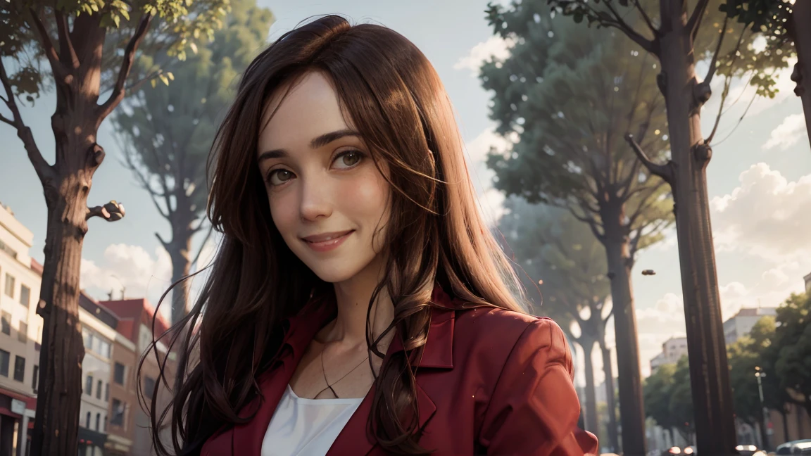 8K,  Best Quality , Victoria Villarruel dressed in a scarlet red suit as a lawyer,  Detailed face, smooth face,  long dark brown hair, slender with wide hips ,  warm smiling expression . outdoors, Square with trees in the city of Buenos Aires,  clouds in the sky in the background, Rays of sunlight