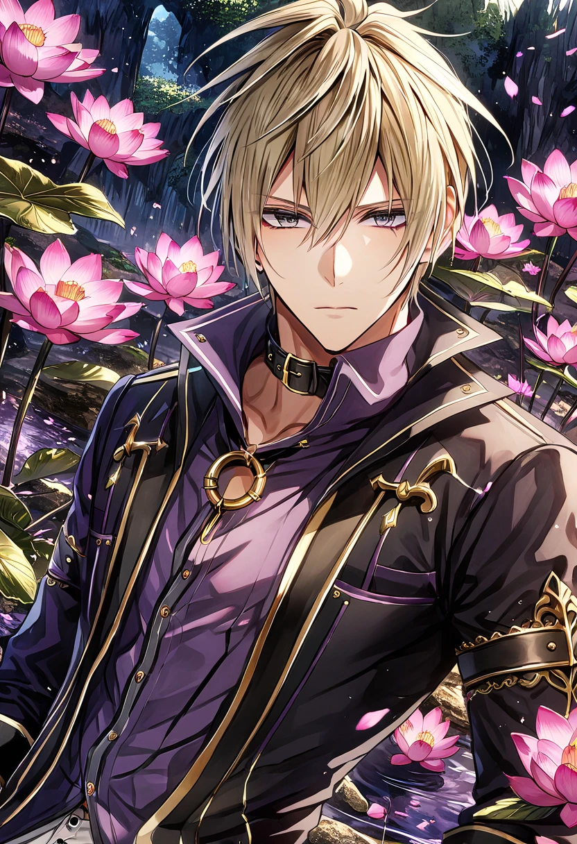 Absurd resolution, high resolution, 8k, HDR, HD, intricate details, ultra detailed, Julius Visconti, God Eater 2, ash-blonde hair, expressive grey eyes, solo, sexy man, handsome, adult face, sensual, black fingerless gloves, black jacket with half-length sleeves, a thin red bow attached to the front zipper, white button-down shirt, purple cardigan, black collar with gold buckle around his neck, black pants, golden trimmings, fantasy, magical, garden, water, pond, rocks, pink lotus