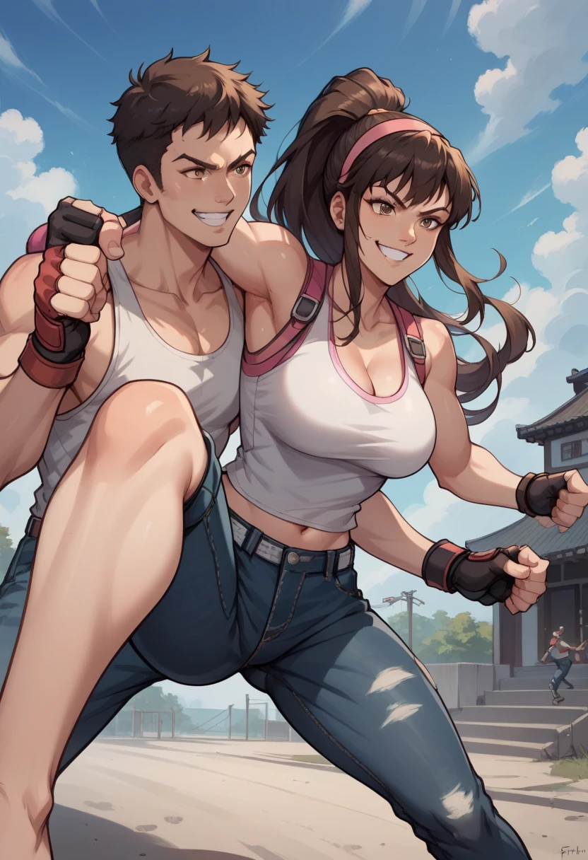 ((1 boy 1 girl)), score_9, score_8_up, score_7_up, score_6_up, source_anime, BREAK masterpiece,  HitomiDOA, long dark brown hair in a ponytail, white tanktop, pink hairband, navel, fingerless gloves, jeans, smile, outdoors, fighting stance, fists raised, cleavage showing, fighting with a male opponent, boy and girl are facing one another,  a few feet apart, boy is facing the girl and looking stvthe girl,  girl is facing the boy and looking at the boy