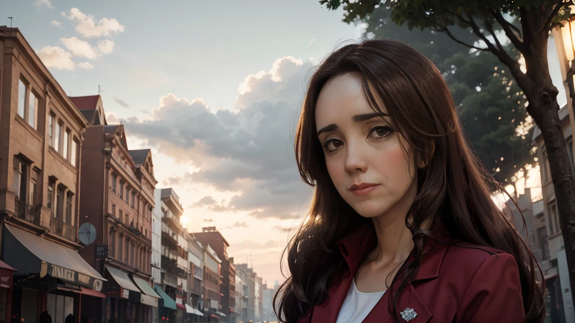 8K,  Best Quality , Victoria Villarruel dressed in a scarlet red suit as a lawyer,  Detailed face, smooth face,  long dark brown hair, slender with wide hips ,  warm smiling expression . outdoors, Square with trees in the city of Buenos Aires,  clouds in the sky in the background, Rays of sunlight