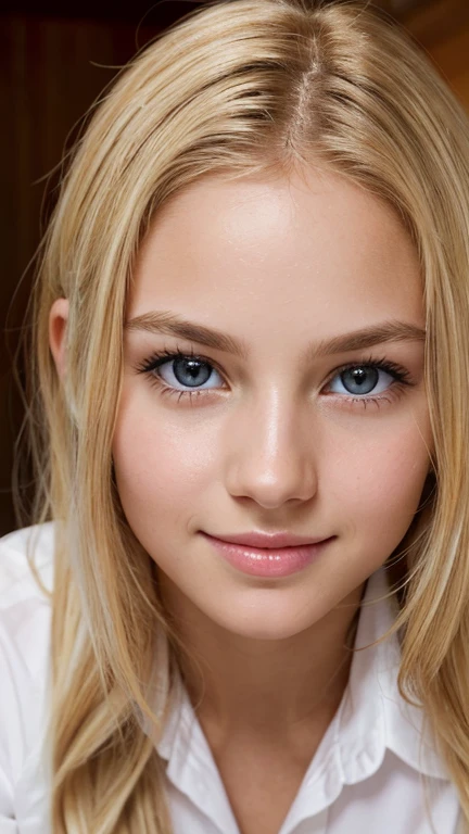 Close-up photo of a cute  girl, solo, wearing a pristine white shirt. Her pretty, innocent face, filled with sparkling bright eyes and a contagious smile, is the focal point of the image. Her blonde hair cascades down in soft waves framing her delicate features. Her fair complexion adds to her youthful charming aura. The fine details of her pores can be seen on her flawless, untouched skin as she gazes directly into the viewer's soul.