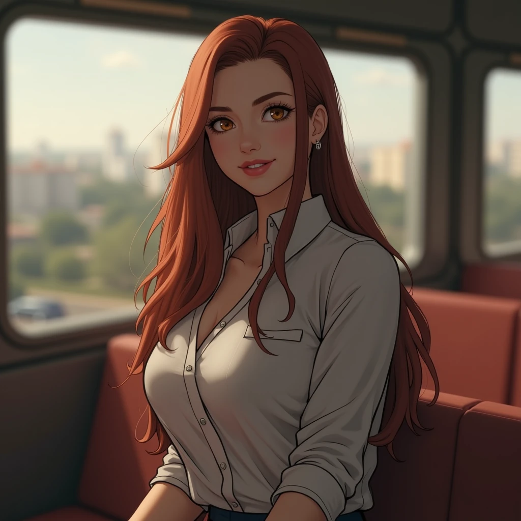 An attractive young woman with fair skin and red hair, long and wavy, done sex in a high ponytail. She sitting, at a table in an airport restaurant, seriously look at the view. She wears a tight-fitting lab coat. Her body is curvy, fleshy lips, with wide hips and a thin waist, PICTURE REALISTIC