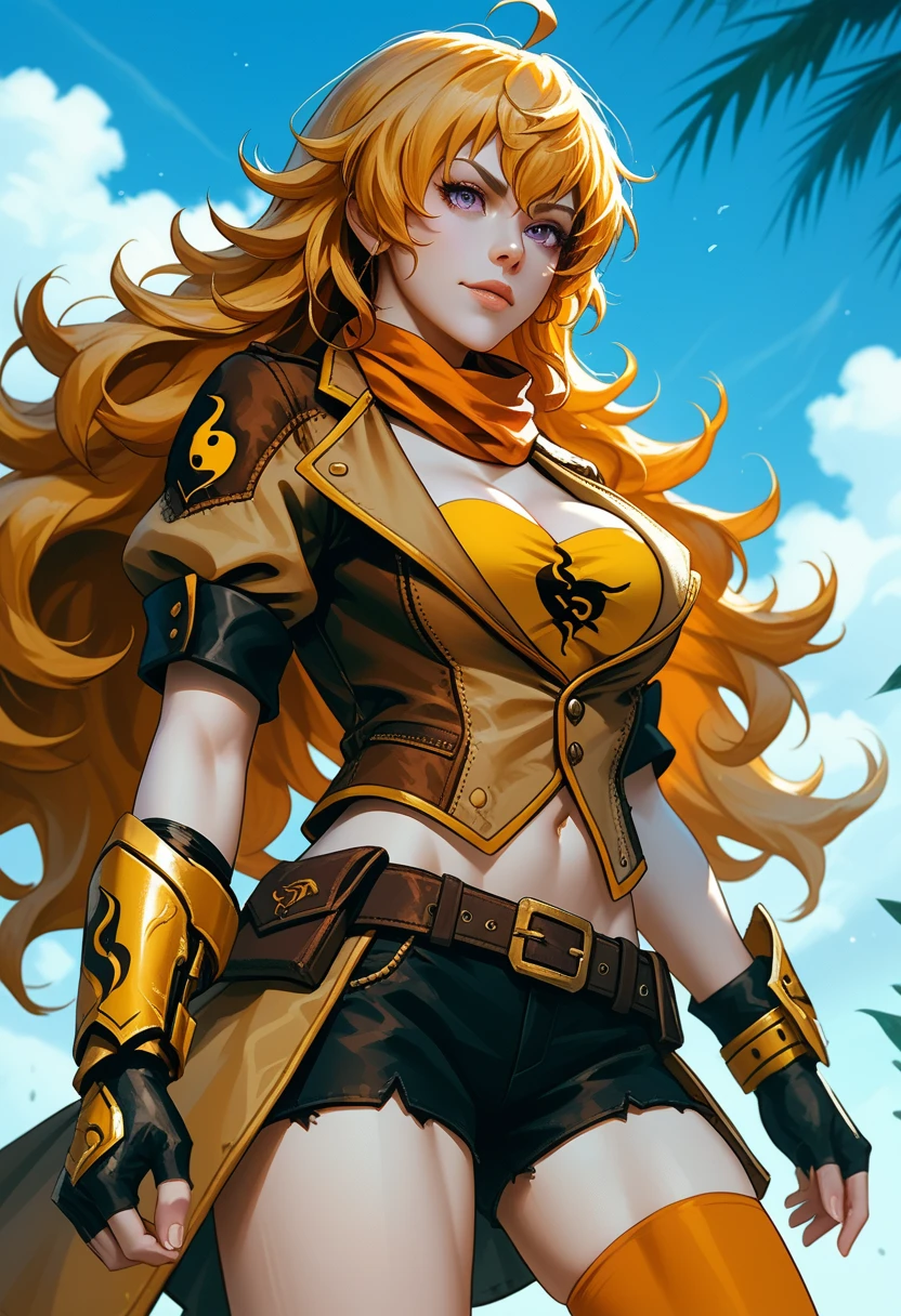 (Yang Xiao Long) from "RWBY", rwbyyangs1, brown jacket, short sleeves, vambraces, black gloves, fingerless gloves, black shorts, ((shorts open at front)), belt, orange thighhighs, single thighhigh, orange scarf, midriff, cleavage 