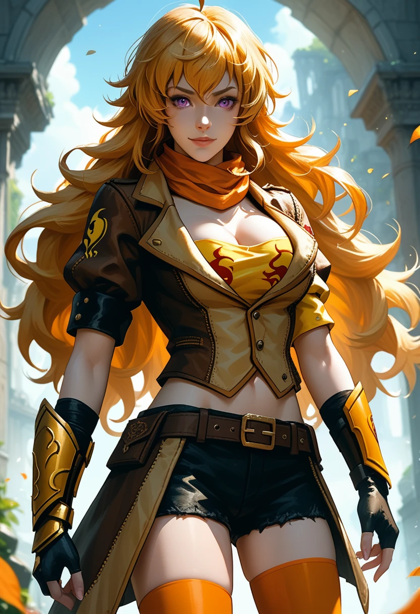 (Yang Xiao Long) from "RWBY", rwbyyangs1, brown jacket, short sleeves, vambraces, black gloves, fingerless gloves, black shorts, ((shorts open at front)), belt, orange thighhighs, single thighhigh, orange scarf, midriff, cleavage 