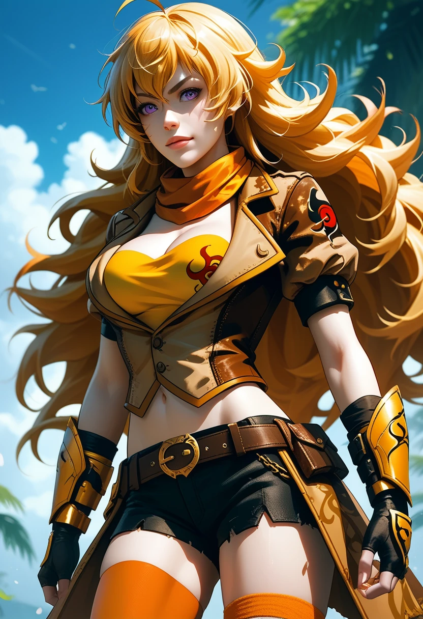 (Yang Xiao Long) from "RWBY", rwbyyangs1, brown jacket, short sleeves, vambraces, black gloves, fingerless gloves, black shorts, ((shorts open at front)), belt, orange thighhighs, single thighhigh, orange scarf, midriff, cleavage 