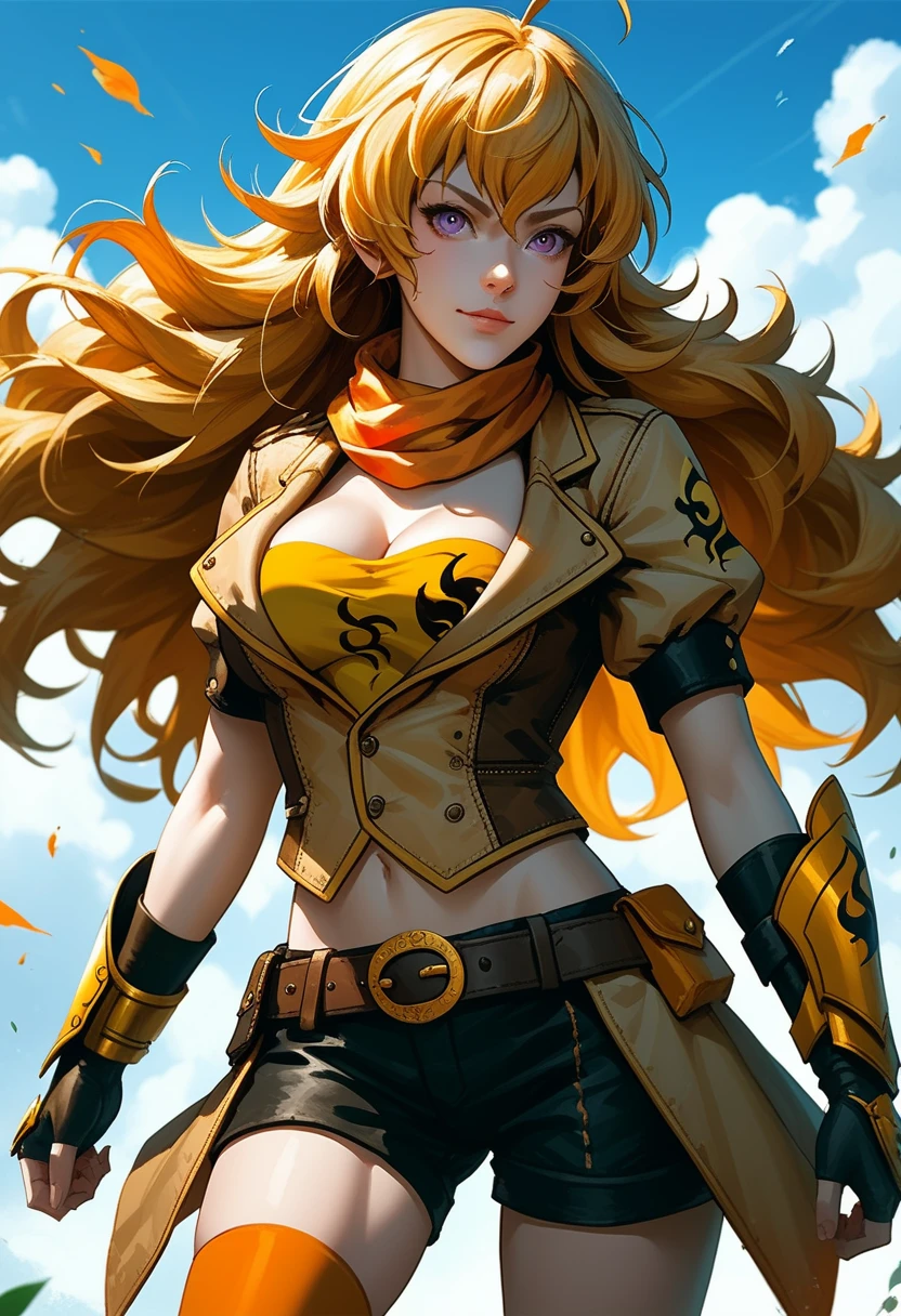 (Yang Xiao Long) from "RWBY", rwbyyangs1, brown jacket, short sleeves, vambraces, black gloves, fingerless gloves, black shorts, ((shorts open at front)), belt, orange thighhighs, single thighhigh, orange scarf, midriff, cleavage 