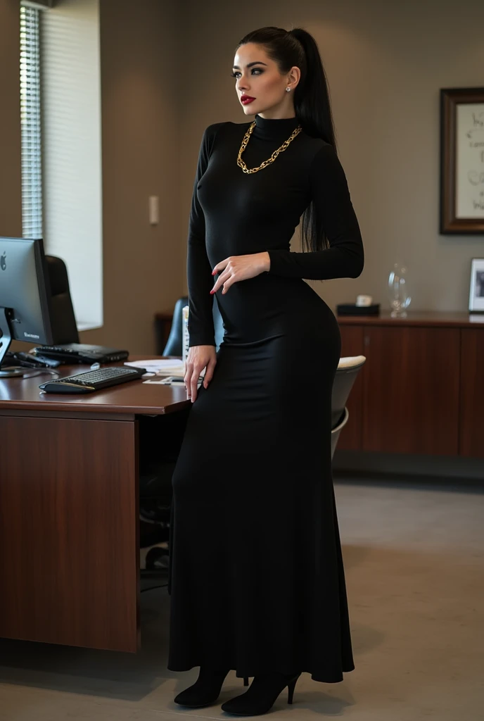 photo of a sexy classy secretary trans cross dresser at 35 years old, (( red lipstick )) ((long black pon ytail hair)) ((black long maxi-skirt:1.2 and a black turtleneck sweater with a gold chain )), (( black high knee boots)), red lipstick, dark eye shadow