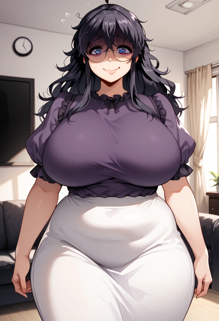 score_9, score_8_up, score_7_up, Manga style, 1girl, Masochist Busty Mom, shaded face, manga style, black hair, spiral eyes, @_@, purple blue eyes, big eyes, hair between eyes, messy hair, long hair, ahoge, gigantic breasts, wide hips, thick thighs, plump, dark purple shirt, frilled shirt, dark purple shirt, puffy sleeves, short sleeves, white long skirt, living room, puffy lips, wavy mouth, closed mouth, smile, embarrassed, looking at viewer, standing, cowboy shot, round glasses 