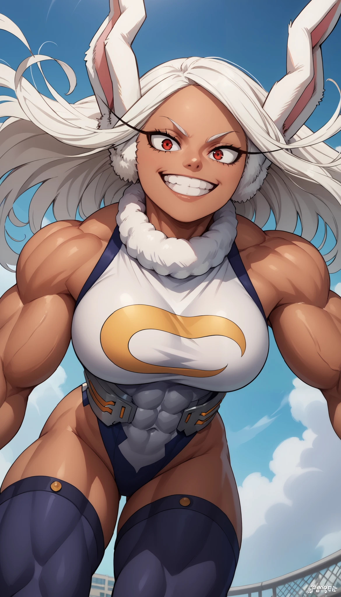 score_9, score_8_above, score_7_above, source_anime, from below, Alone, 1 , Rumi Usagiyama, long hair, animal ears, white hair, dark skin, rabbit ears , dark-skinned female, Muscular, girl rabbit, muscular female, Red eyes, fringe parted,thighhighs, shezfe , sleeveless, White Shezfe , leotard, High Neck T-Shirt , perna alta, perna alta leotard, fur collar, sleeveless High Neck T-Shirt , High Neck T-Shirt leotard, sleeveless High Neck T-Shirt leotard, crescent print,smile, Dynamic pose