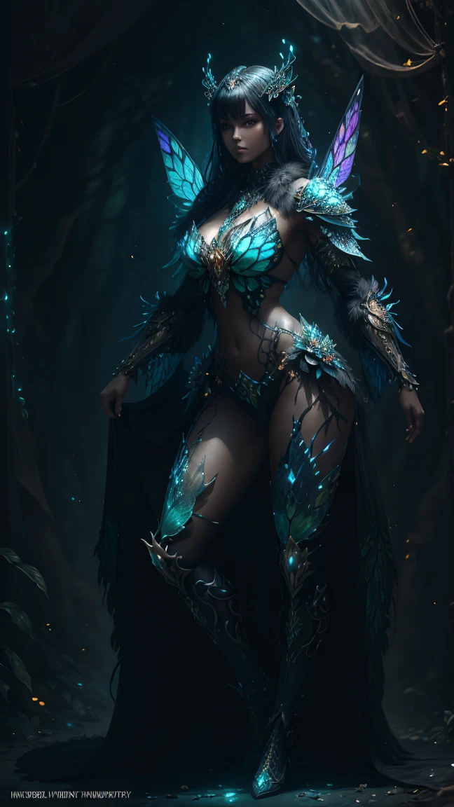 highly detailed, cinematic, realistic. fantasy, high fantasy, Beautiful Insect Monarch Butterfly Hybrid, Fair Skin, Inside A dark forest filled bio-luminescent flowers, Bikini Armor Made Of glistening iridescent chitin and fur, Chitin Texture, beautiful monarch butterfly wings coming out of her back,Beautiful Character Portrait, Ominous, Dark Fantasy, Bio-punk, Detailed, 4k, Ultra Hd, Polished, Beautiful, Intricate, Elaborate, Meticulous, Grunge, Sharp Focus, Volumetric Lighting, Sensual Pose, Suggestive Pose, Full Body Shot, anatomically correct 