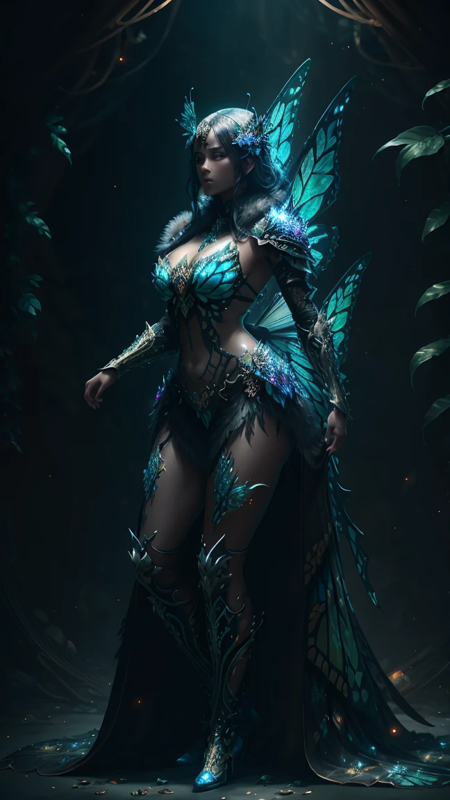 highly detailed, cinematic, realistic. fantasy, high fantasy, Beautiful Insect Monarch Butterfly Hybrid, Fair Skin, Inside A dark forest filled bio-luminescent flowers, Bikini Armor Made Of glistening iridescent chitin and fur, Chitin Texture, beautiful monarch butterfly wings coming out of her back,Beautiful Character Portrait, Ominous, Dark Fantasy, Bio-punk, Detailed, 4k, Ultra Hd, Polished, Beautiful, Intricate, Elaborate, Meticulous, Grunge, Sharp Focus, Volumetric Lighting, Sensual Pose, Suggestive Pose, Full Body Shot, anatomically correct 