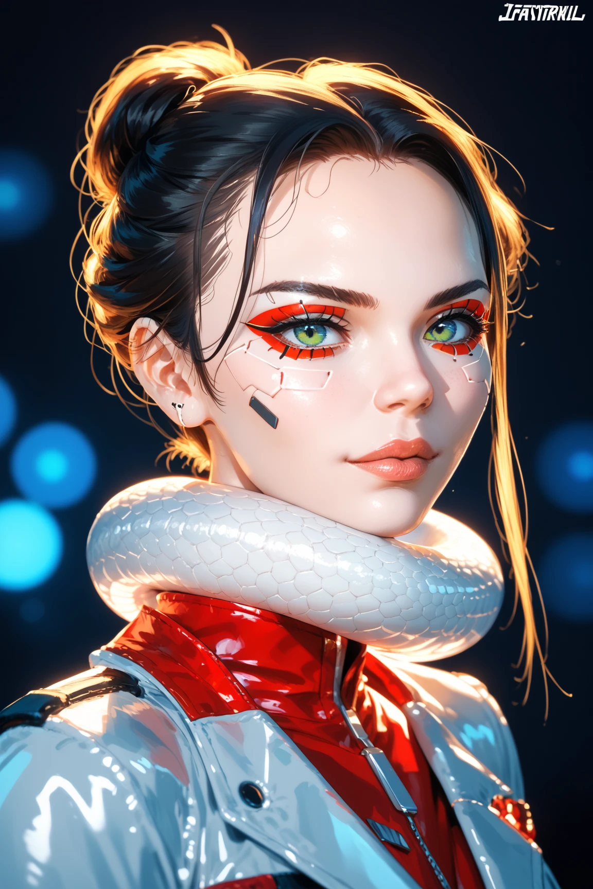 Mysterious, femme fatale, swordswoman with cropped black hair wearing red and white neo-traditional, cyberpunk robes encirlced by a large white snake and holding a futurist sword (best quality) )
(3/4 portrait) Abrstract, futuristic background (best lighting) (dramatic lighting)