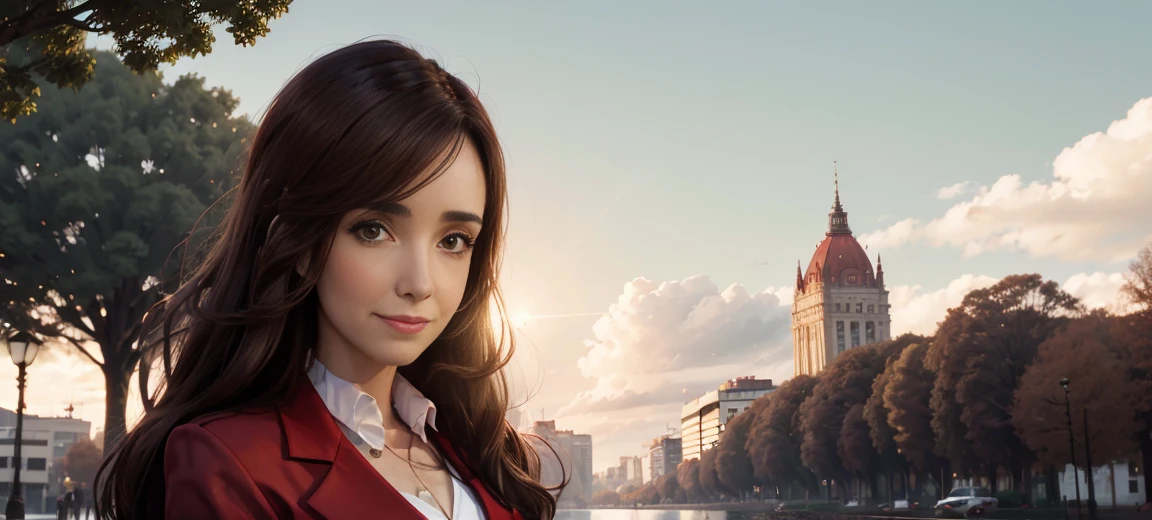 8K,  Best Quality , Victoria Villarruel dressed in a scarlet red suit as a lawyer,  Detailed face, smooth face,  long dark brown hair, slender with wide hips ,  warm smiling expression . outdoors, Square with trees in the city of Buenos Aires,  clouds in the sky in the background, Rays of sunlight