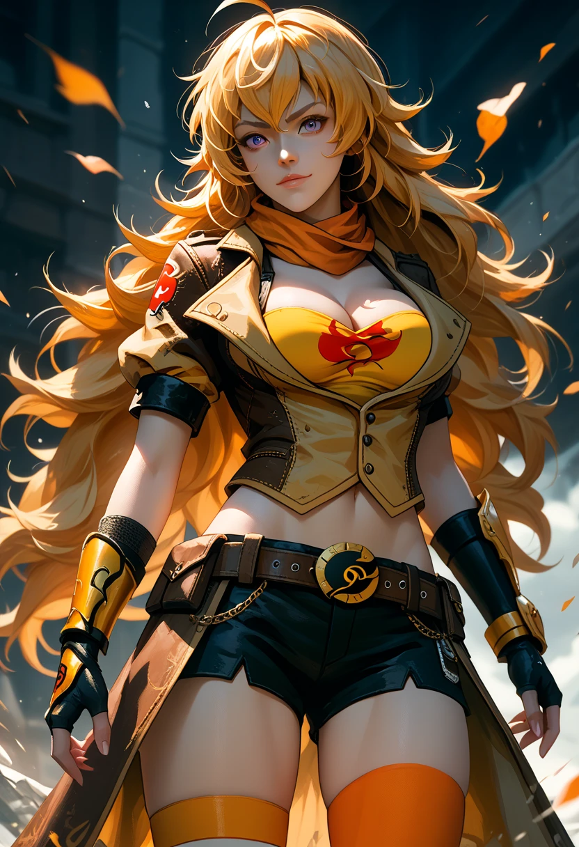 (Yang Xiao Long) from "RWBY", rwbyyangs1, brown jacket, short sleeves, vambraces, black gloves, fingerless gloves, (black shorts open at front:1.42), belt, orange thighhighs, single thighhigh, orange scarf, midriff, cleavage 