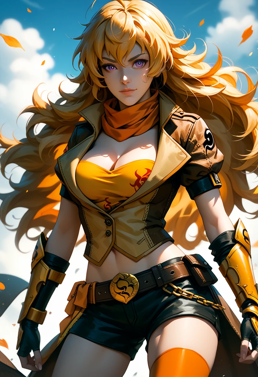 (Yang Xiao Long) from "RWBY", rwbyyangs1, brown jacket, short sleeves, vambraces, black gloves, fingerless gloves, (black shorts open at front:1.42), belt, orange thighhighs, single thighhigh, orange scarf, midriff, cleavage 