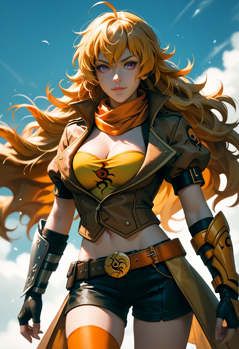 (Yang Xiao Long) from "RWBY", rwbyyangs1, brown jacket, short sleeves, vambraces, black gloves, fingerless gloves, (black shorts open at front:1.42), belt, orange thighhighs, single thighhigh, orange scarf, midriff, cleavage 