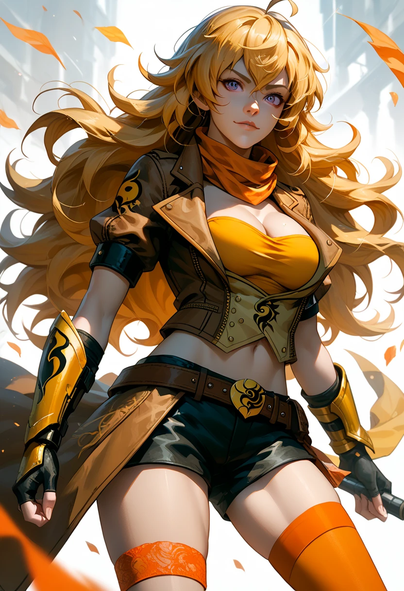 (Yang Xiao Long) from "RWBY", rwbyyangs1, brown jacket, short sleeves, vambraces, black gloves, fingerless gloves, (black shorts open at front:1.42), belt, orange thighhighs, single thighhigh, orange scarf, midriff, cleavage 