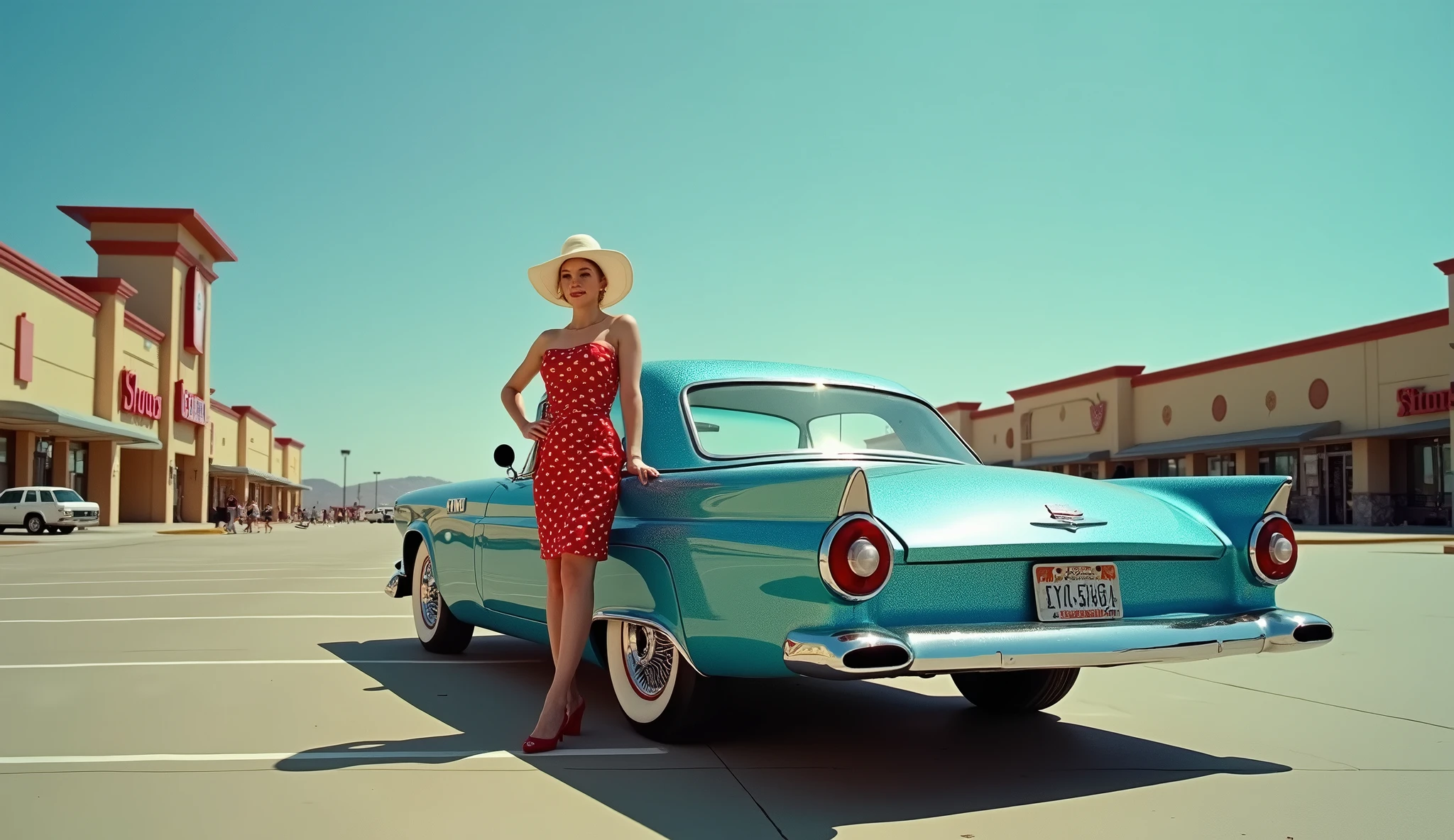 Beautiful 50s, pinup girl, blonde, white knotted shirt, denim shorts, tits flashing, suburban road, vintage cars in the distance