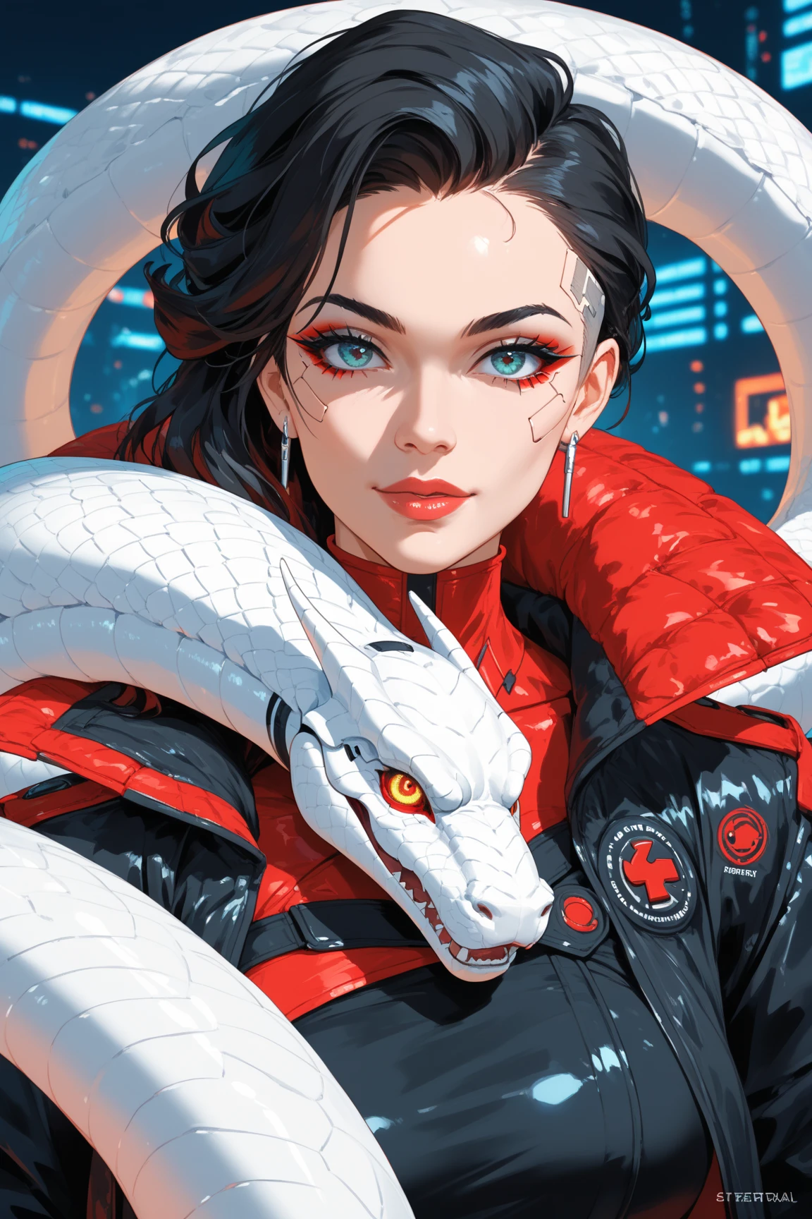 Mysterious, femme fatale, swordswoman with cropped black hair wearing red and white neo-traditional, cyberpunk robes encirlced by a large white snake and holding a futurist sword (best quality) )
(3/4 portrait) Abrstract, futuristic background (best lighting) (dramatic lighting)