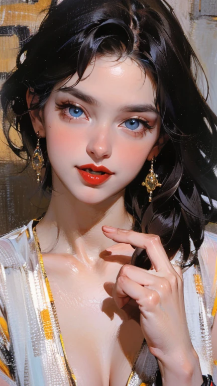  Detailed woman's face looking at the camera,  blue eyes , hot ((( thick red lips ))),  open mouth with sensuality , correct deformed fingers ,  photorealistic neck jewelry, sharp eyes, (((eyes to the camera)))  slightly smiling 
