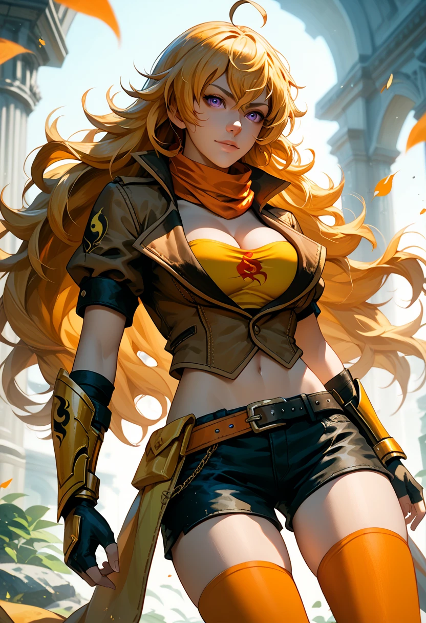 (Yang Xiao Long) from "RWBY", rwbyyangs1, brown jacket, short sleeves, vambraces, black gloves, fingerless gloves, (black shorts open at front:1.42), orange thighhighs, single thighhigh, orange scarf, midriff, cleavage 