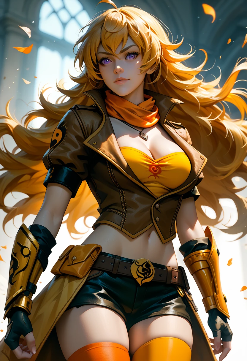 (Yang Xiao Long) from "RWBY", rwbyyangs1, brown jacket, short sleeves, vambraces, black gloves, fingerless gloves, (black shorts open at front:1.42), orange thighhighs, single thighhigh, orange scarf, midriff, cleavage 