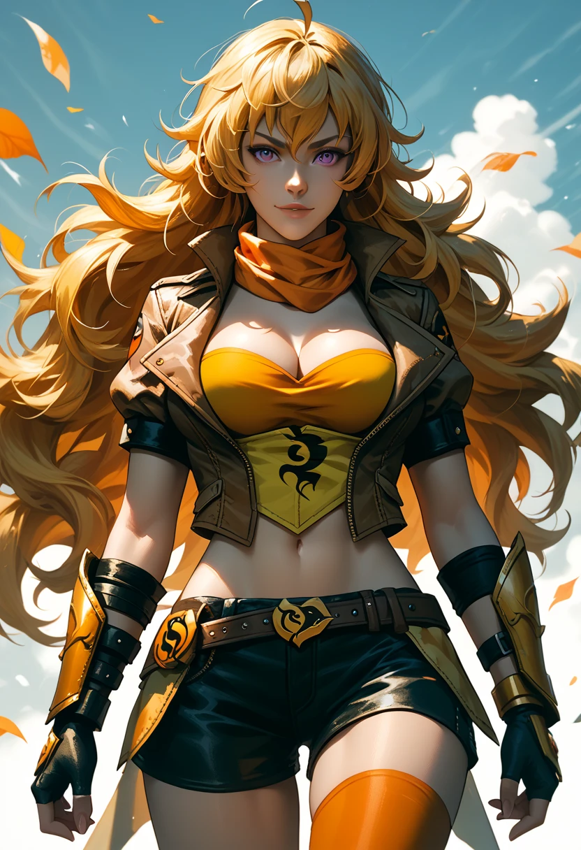 (Yang Xiao Long) from "RWBY", rwbyyangs1, brown jacket, short sleeves, vambraces, black gloves, fingerless gloves, (black shorts open at front:1.42), orange thighhighs, single thighhigh, orange scarf, midriff, cleavage 