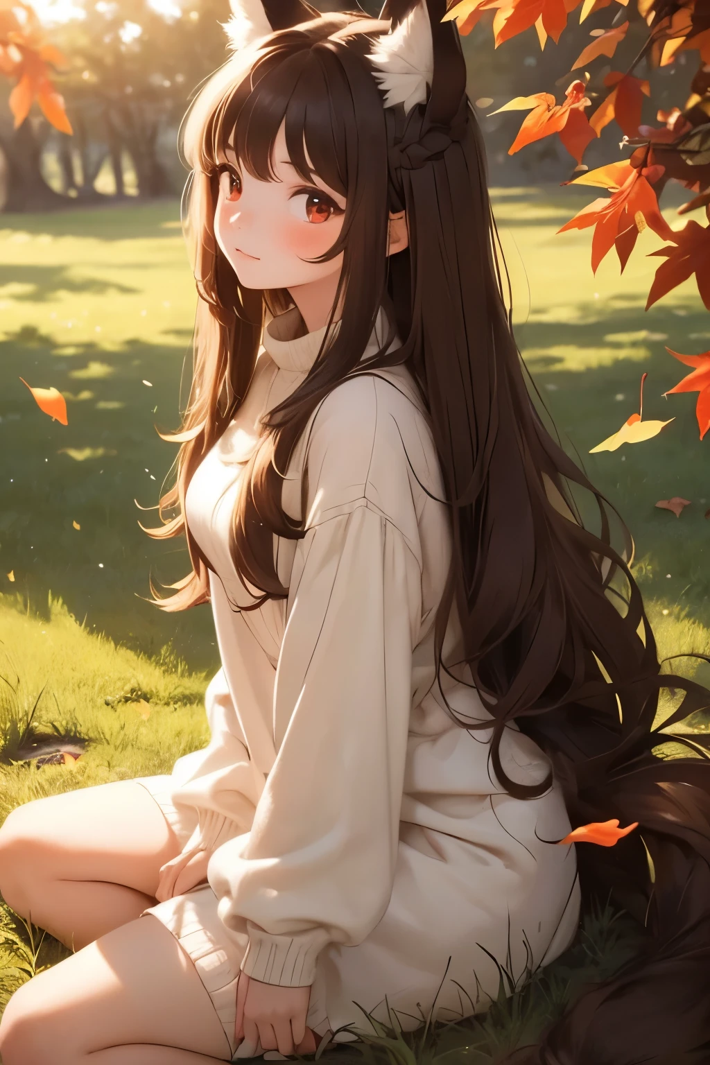 masterpiece， top quality，  One Young Girl ，Alone，A faint smile, A faint smile， fall leaves for vaginal discharge，The sunlight flickers， tree々 sunlight shining in between ， butterfly ，Grass animal ears， wolf ear， long hair，Tail，wolf Tail，red eyes，Wolf Girl， brown hair ，