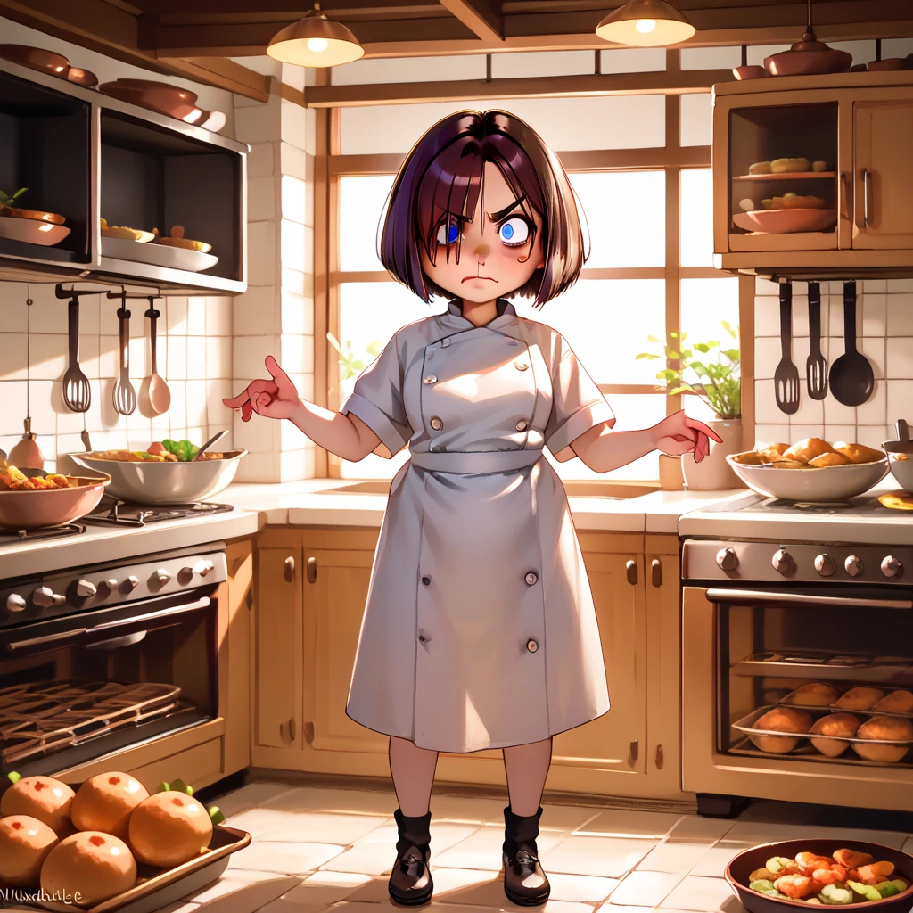 By wlop, one goth girl, (colettetatou
bob cut, blue eyes, brown hair, chef), g4n1m3, ((,wide eyes, hair covering one eye, exhaling, angry eyebrows, puffed cheeks)), ((overstuffed saggy belly)) (in a kitchen) ((very breasts))  ((volumetric and specular lighting)), ((overstuffed)), , (hand on the front of her belly) ,, full body picture ((stretched clothes)), ((belly peakout from under shirt)),